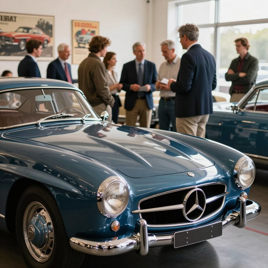 A classic Mercedes car, meticulously polished and shining, is parked in the foreground of a sun-drenched vintage showroom, showcasing its iconic curves and chrome details. The body color is a deep shade of blue, reflecting the sophisticated elegance of its timeless design. In the middle ground, a diverse group of enthusiastic collectors, dressed in smart casual attire, examines the car with admiration, discussing its features passionately. The background features vintage car posters and soft ambient lighting that enhances the nostalgic atmosphere. Use a shallow depth of field to create a soft blur effect behind the collectors, emphasizing their engagement. The overall mood conveys a sense of reverence for automotive history and the passion of collectors, inviting viewers to ponder the future value of classic cars.