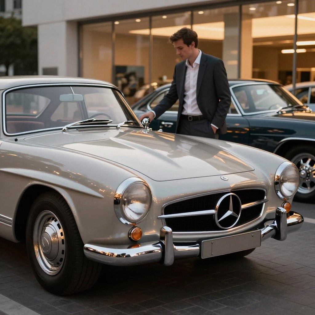 A classic Mercedes car parked elegantly in an upscale urban setting, showcasing its iconic design features such as the sleek curves, chrome accents, and vintage grille. In the foreground, focus on the car with soft reflections on its polished surface, illuminated by warm evening light, giving a nostalgic feel. In the middle ground, a professional-looking person dressed in smart casual attire is examining the car, reflecting the interest of potential buyers. In the background, an upscale car dealership with glass windows, with subtle hints of other classic cars displayed. Capture the scene at a slight low angle, highlighting the car’s stature and the surrounding architecture, creating an inviting and aspirational atmosphere. The lighting should evoke a golden hour glow, enhancing the richness of the colors.