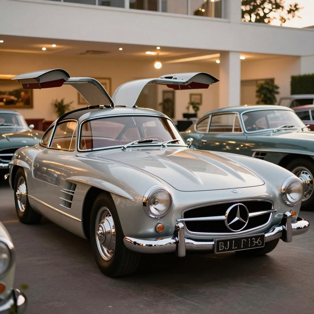 A classic Mercedes car, specifically a timeless model like the Mercedes-Benz 300SL, prominently displayed in the foreground, showcasing its sleek lines, iconic gullwing doors, and polished chrome details. The middle ground features a softly blurred vintage car showroom with warm, inviting light and elegant decor, emphasizing a sense of nostalgia and affluence. In the background, hints of other classic Mercedes models can be seen, adding variety to the scene. The atmosphere is nostalgic and luxurious, conveying the heritage of the Mercedes brand. The lighting is soft and warm, simulating late afternoon sunlight, with a shallow depth of field to focus on the 300SL. The image is framed at eye level, giving viewers an engaging perspective.