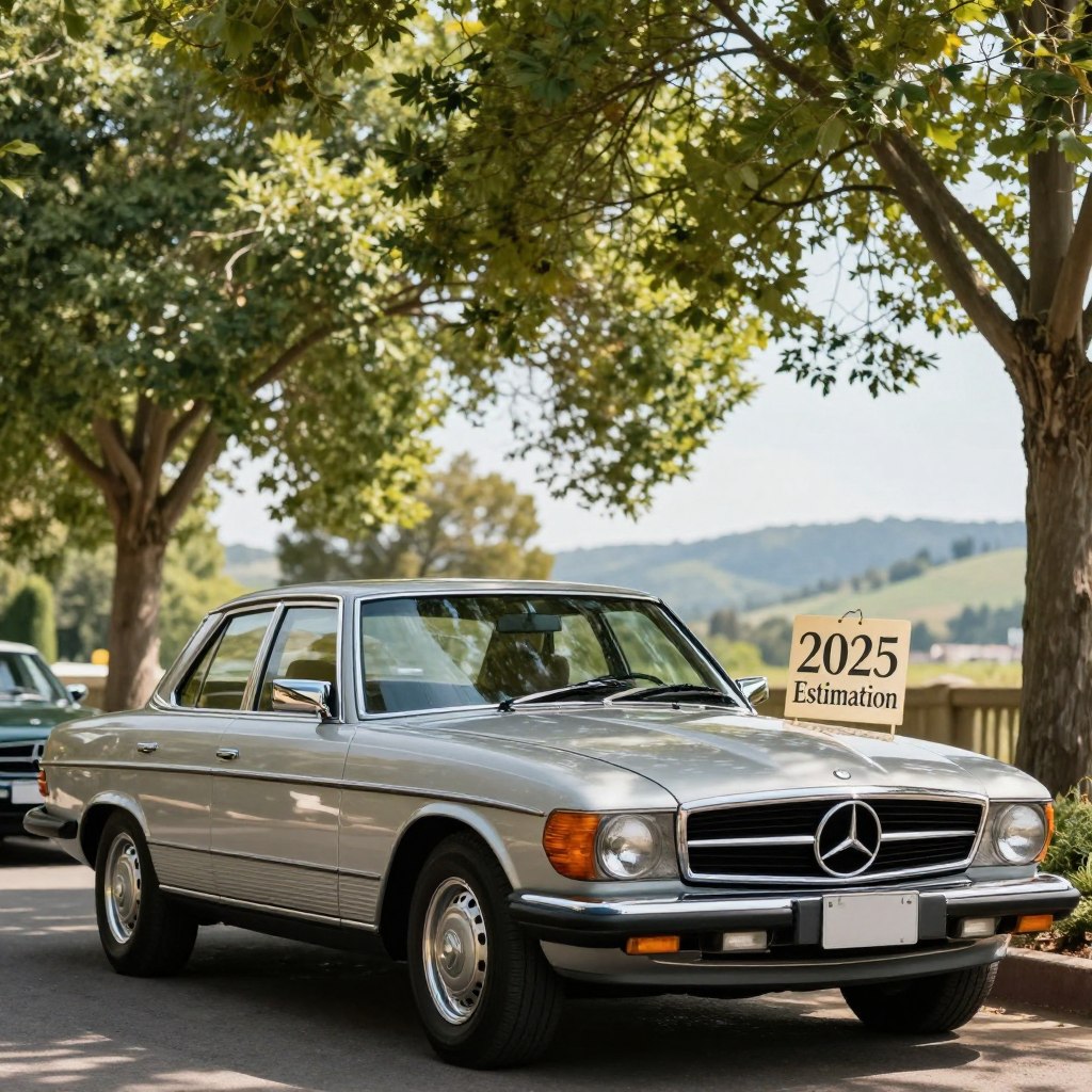 A classic Mercedes from the 1980s, featuring distinctive lines, chrome accents, and a polished paint finish, prominently displayed in the foreground. The car is parked in an upscale outdoor setting, surrounded by lush green trees and soft, dappled sunlight filtering through the leaves, creating a warm and inviting atmosphere. In the middle ground, a vintage price tag displaying "2025 Estimation" is subtly placed next to the car. In the background, rolling hills and a clear blue sky add depth to the scene. The lighting is soft and natural, evoking a nostalgic yet aspirational feel. The image captures the essence of automotive elegance and timeless value, ideal for illustrating the valuation criteria of classic Mercedes cars.