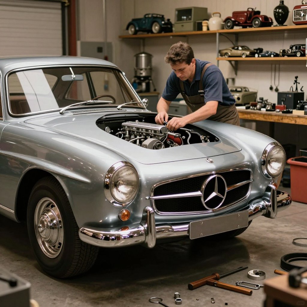 A classic Mercedes restoration scene, showcasing a vintage Mercedes with gleaming chrome and a polished classic body. The car is positioned in a well-lit garage, with wooden tools and metal parts neatly arranged in the foreground, hinting at meticulous care and restoration work. The middle ground features an expert mechanic in professional attire, carefully inspecting the engine, focused on detailed craftsmanship. Soft, warm lighting illuminates the scene, casting gentle shadows that emphasize the car's curves and intricate details. The background reveals shelves filled with antique automotive memorabilia, creating an inviting atmosphere. The overall mood is one of dedication and passion for classic car maintenance, emphasizing the art of restoring vintage automobiles.