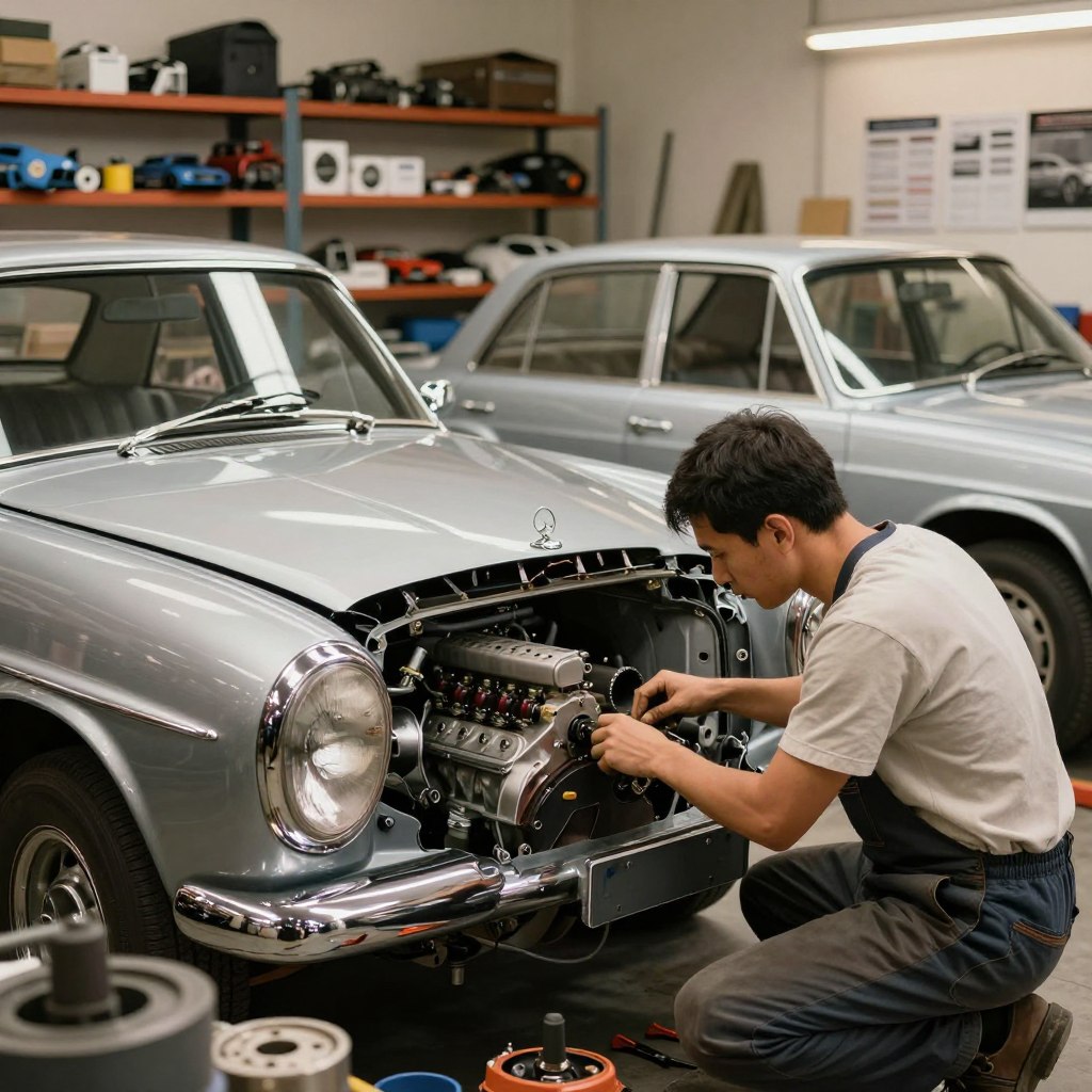 A classic Mercedes undergoing restoration in a well-lit, professional garage setting. In the foreground, a skilled mechanic in clean, modest attire is carefully working on the engine, surrounded by high-quality tools and parts. The middle of the scene features the elegant lines of the Mercedes, showcasing its iconic hood ornament and sleek chrome detailing, partially disassembled to reveal its intricate components. In the background, shelves filled with car parts and manuals create an organized and industrious atmosphere. The lighting is warm and inviting, emphasizing the car's glossy paint and reflecting the passion of automotive craftsmanship. The overall mood is focused and inspiring, highlighting the dedication involved in restoring a classic Mercedes to its former glory.