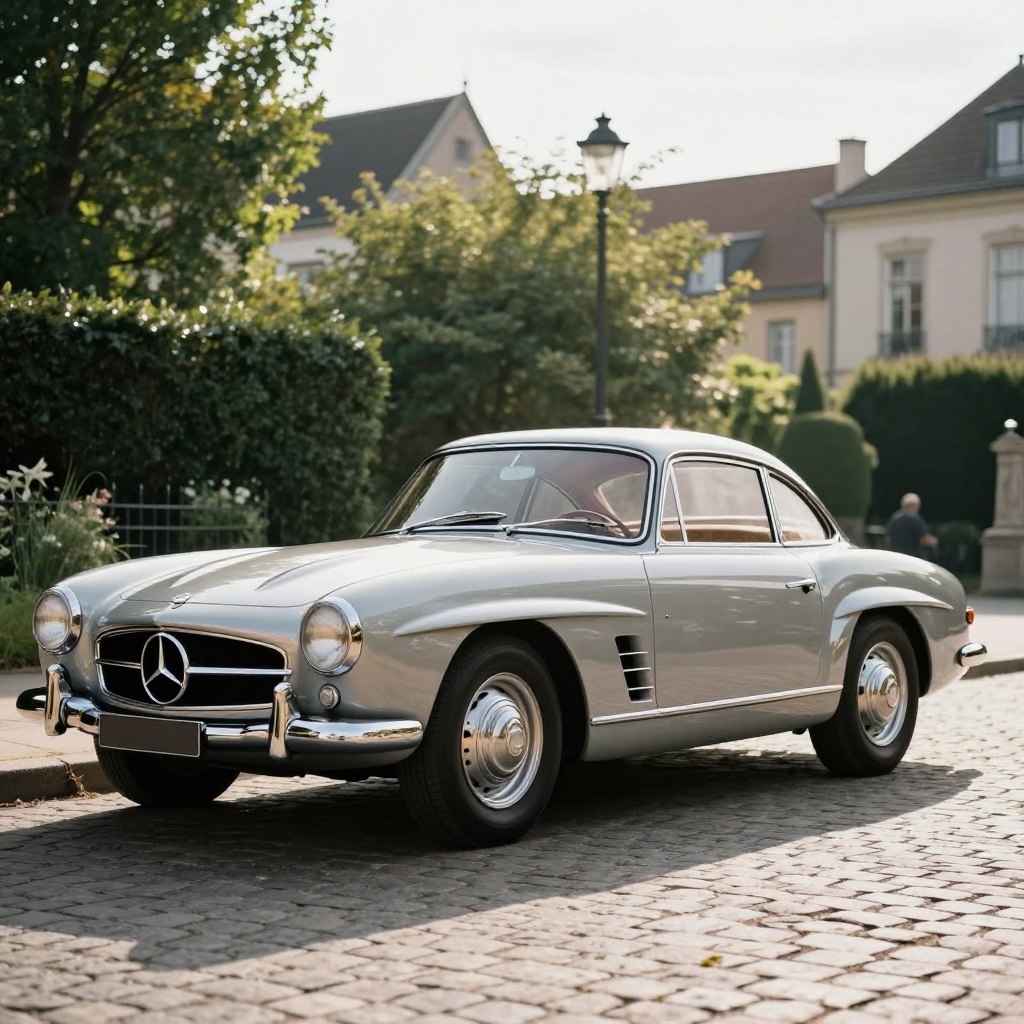 A classic Mercedes, viewed from the side, showcasing its elegant design and vintage charm. The car’s glossy paint gleams under soft daylight, accentuating the sophisticated curves and chrome details. It stands on a cobblestone street, surrounded by lush greenery and historic buildings in the background. The angle captures the full length of the vehicle, highlighting the iconic silhouette. The atmosphere is nostalgic and tranquil, with gentle sunlight casting long shadows. Focusing through a 50mm lens offers sharp details of the car while creating a slight bokeh effect on the background, enhancing the vintage ambiance. Overall, the image communicates the timeless allure of classic automobiles.