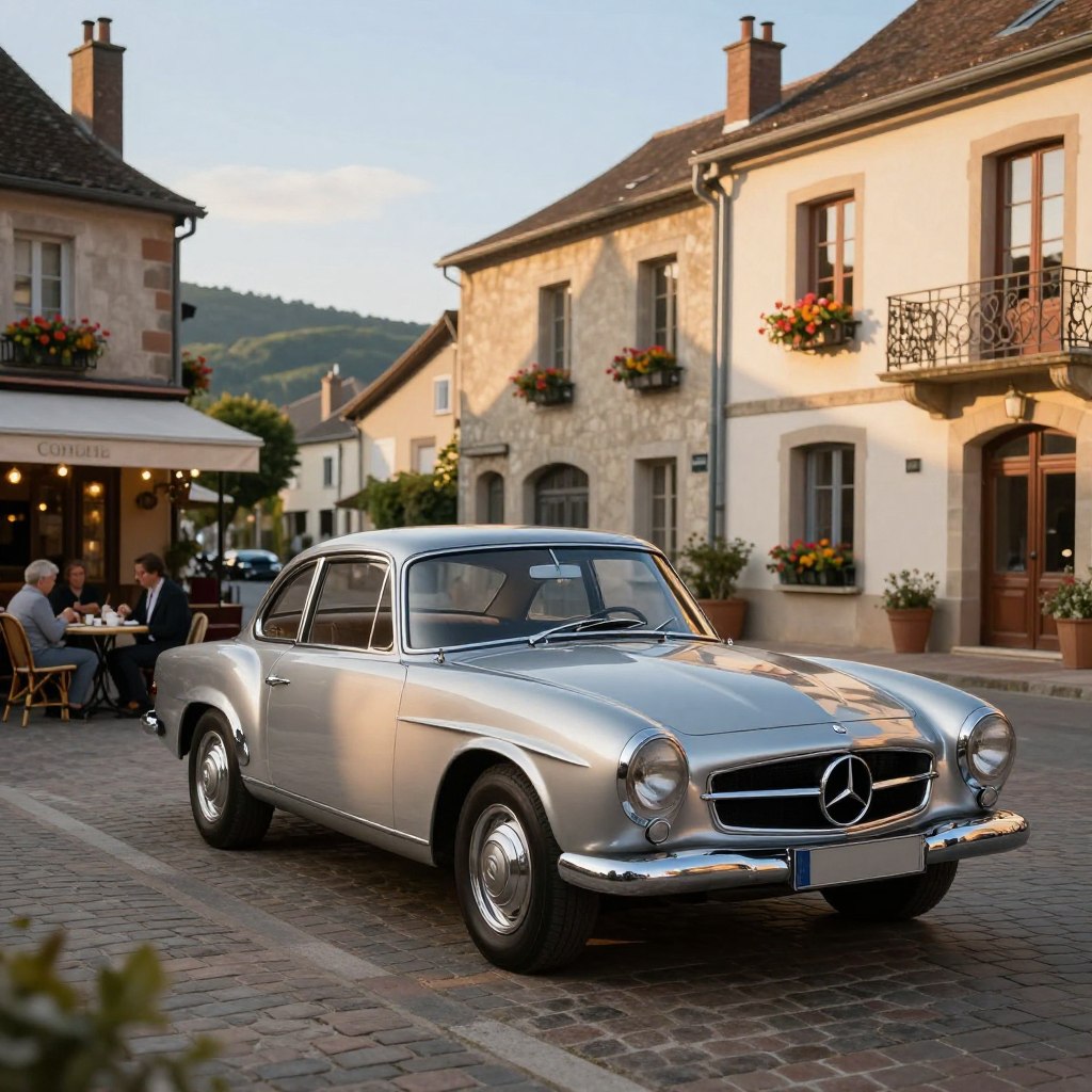 A classic silver Mercedes-Benz from the 1960s, parked elegantly on a cobblestone street in a quaint French town. The car's polished chrome accents glimmer under soft, warm lighting during the golden hour, casting gentle shadows on the ground. In the foreground, a vintage-style café can be seen, with patrons enjoying coffee at outdoor tables. The middle ground features charming French architecture, with flower boxes under the windows and wrought iron balconies. The background showcases soft rolling hills and a clear blue sky, adding to the tranquil atmosphere. The mood is nostalgic and sophisticated, reflecting the allure of classic luxury cars. Capture this scene from a slightly elevated angle, focusing on the Mercedes while ensuring the setting complements its classic beauty.
