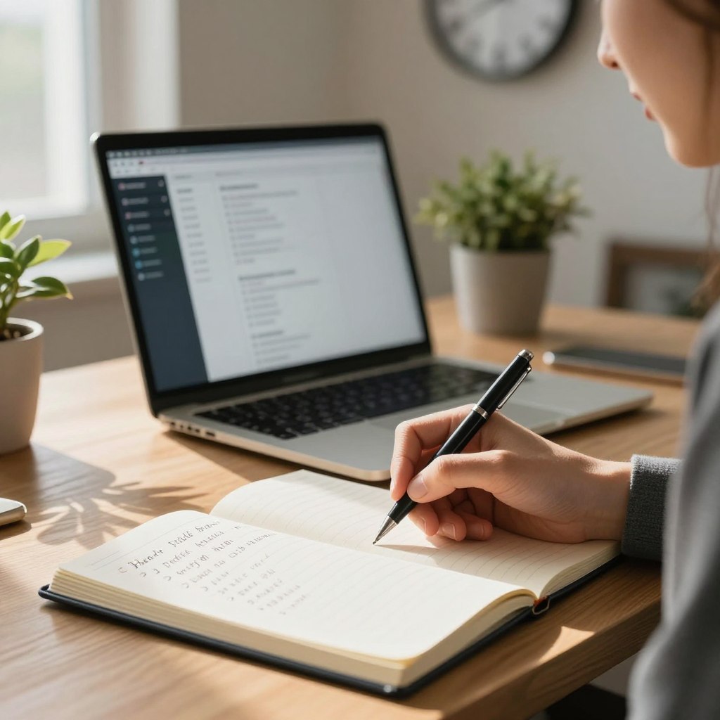 Uma cena em close-up retrata uma pessoa tomando notas diligentemente em uma mesa bem organizada, cercada por ferramentas de produtividade. Em primeiro plano, um caderno aberto exibe tópicos escritos com precisão, com uma caneta sofisticada deslizando sobre as páginas. Ao centro, um laptop aberto com a tela iluminada destaca uma lista de tarefas digitais. O fundo apresenta um foco suave em plantas e um relógio de parede, enfatizando uma atmosfera serena e concentrada. A luz natural filtra-se por uma janela próxima, projetando sombras suaves e criando um ambiente de trabalho aconchegante. A pessoa, vestida com trajes profissionais, reflete concentração e motivação, personificando a essência da integração da tomada de notas à produtividade diária. O clima geral é inspirador e organizado, convidando o espectador a imaginar suas próprias rotinas produtivas.