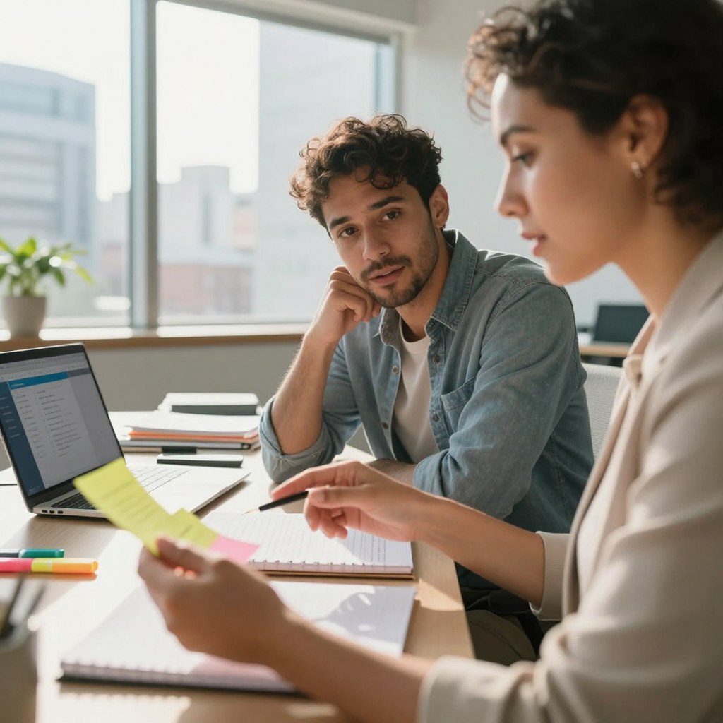 A close-up scene of two diverse professionals in a bright, modern office sharing notes. In the foreground, a woman in professional attire examines a stack of colorful sticky notes, while a man in business casual observes thoughtfully, both engaged in an animated discussion. The middle ground features a large, organized desk with notebooks, highlighters, and a laptop open displaying a digital note-sharing app. In the background, large windows let in natural sunlight, creating a warm atmosphere, with a view of a bustling cityscape. The soft lighting enhances the productivity mood, with a slight blur to emphasize the foreground interaction, captured from a low angle to convey focus on the collaboration.