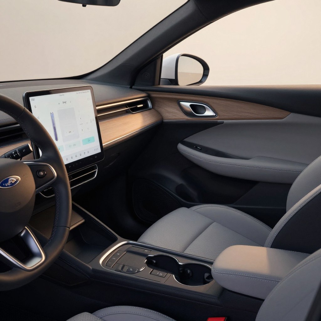 A close-up view of the interior of a 2026 Ford Fiesta, showcasing modern, ergonomic design and premium materials. In the foreground, focus on the sleek dashboard with a digital display, soft-touch surfaces, and ambient lighting that casts a warm glow. The middle section reveals comfortable fabric seats with precise stitching, outlining the car’s compact yet spacious feel. In the background, view the stylish steering wheel and control panel, accentuated by clean lines and modern aesthetics. Use soft, natural lighting to enhance the inviting atmosphere, shot from a slightly angled perspective that captures both the driver's side and the passenger's area. The mood is sophisticated and comfortable, emphasizing the imaginative blend of technology and comfort in this compact car's interior.