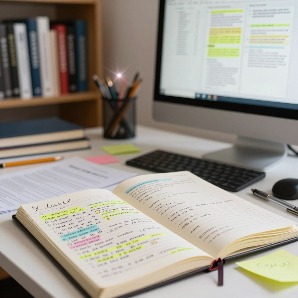A cluttered desk in an organized office setting, with a close-up view of chaotic notes and scattered stationery. In the foreground, a disheveled notebook filled with handwritten notes and highlighted areas highlights common note-taking errors like illegibility, excessive details, and disorganized thoughts. In the middle ground, a computer screen shows a mismatched digital note layout, and a few pens lie askew. The background features a soft-focus bookshelf with productivity books, casting a warm, inviting light. A subtle lens flare adds brightness to the scene, creating an atmosphere of both chaos and the potential for improvement. The setting should convey a professional environment, emphasizing the importance of effective note-taking practices. The lighting is bright yet soft, enhancing the clarity of the details without being harsh.