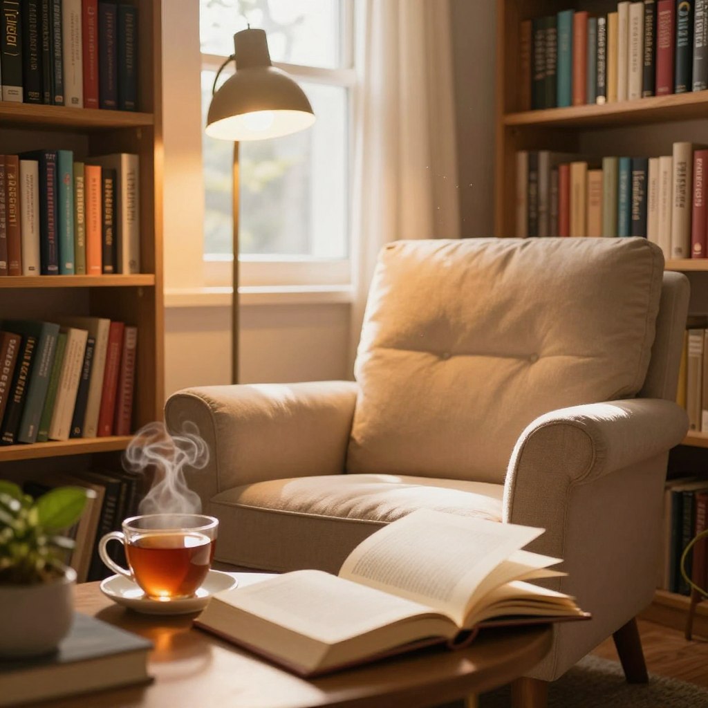 A cozy reading nook featuring a plush armchair with soft cushions, surrounded by shelves filled with colorful books on various subjects. A warm, golden light floods the scene, emanating from a stylish floor lamp beside the chair. In the foreground, an open book lays on a small table, its pages gently rustling in a light breeze. A steaming cup of tea sits next to the book, adding an inviting touch. The middle background includes a window with sheer curtains, allowing sunlight to filter in, illuminating dust particles floating through the air. A nearby houseplant adds a vibrant splash of green. The overall mood is serene and inspiring, perfect for fostering a passion for reading.