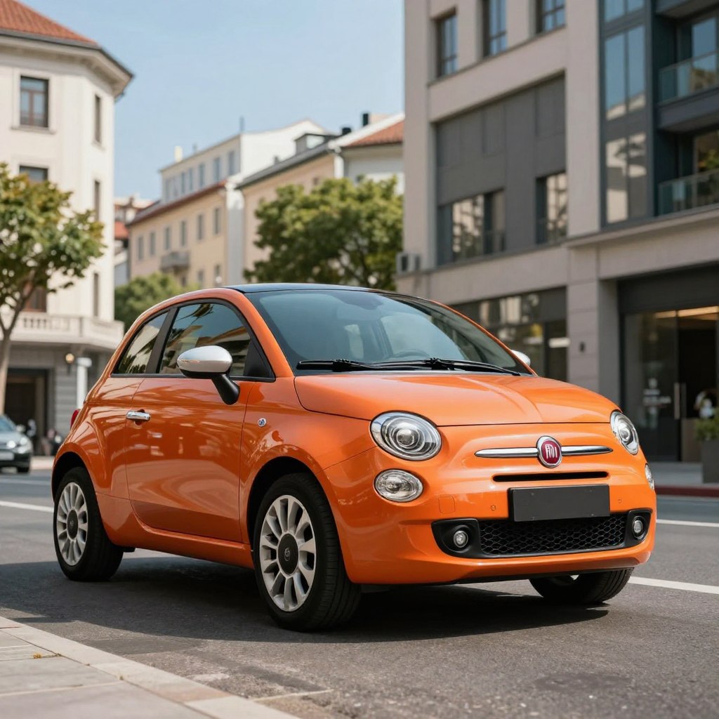 A dazzling display of the Nouvelle Fiat 500, showcasing its sleek curves and modern design elements. In the foreground, the car glimmers under soft natural sunlight, highlighting its vibrant colors and refined chrome accents. The middle ground features a stylish urban environment, with contemporary buildings and greenery that reflect a chic, cosmopolitan lifestyle. The background is filled with a clear blue sky, providing a sense of openness and freedom. Capture the scene with a low-angle perspective, creating a powerful and inviting presence. The atmosphere exudes a sense of elegance and renewal, appealing to both car enthusiasts and casual observers. The image must remain free of any text, watermarks, or distractions, focusing solely on the revitalized Fiat 500 in its splendid urban setting.