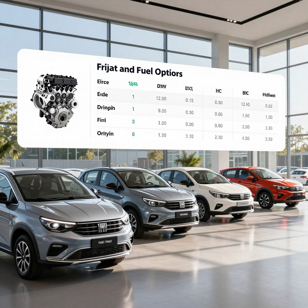 A detailed comparison of Fiat car engines and fuel options, featuring a sleek line-up of various Fiat models in the foreground, showcasing distinct motorization types—electric, hybrid, and traditional combustion engines. The cars should be positioned on a well-lit automotive showroom floor, with sleek, polished surfaces reflecting overhead lights. In the middle ground, a visually appealing chart outlines key specifications of each motorization type, designed in an attractive, minimalistic style. The background displays large glass windows revealing a bright, sunny day outside, enhancing the atmosphere of innovation and modernity. The overall mood should convey a sense of excitement and advancement in automotive technology. The angle should be slightly elevated, providing a comprehensive view of both the cars and the informative elements.