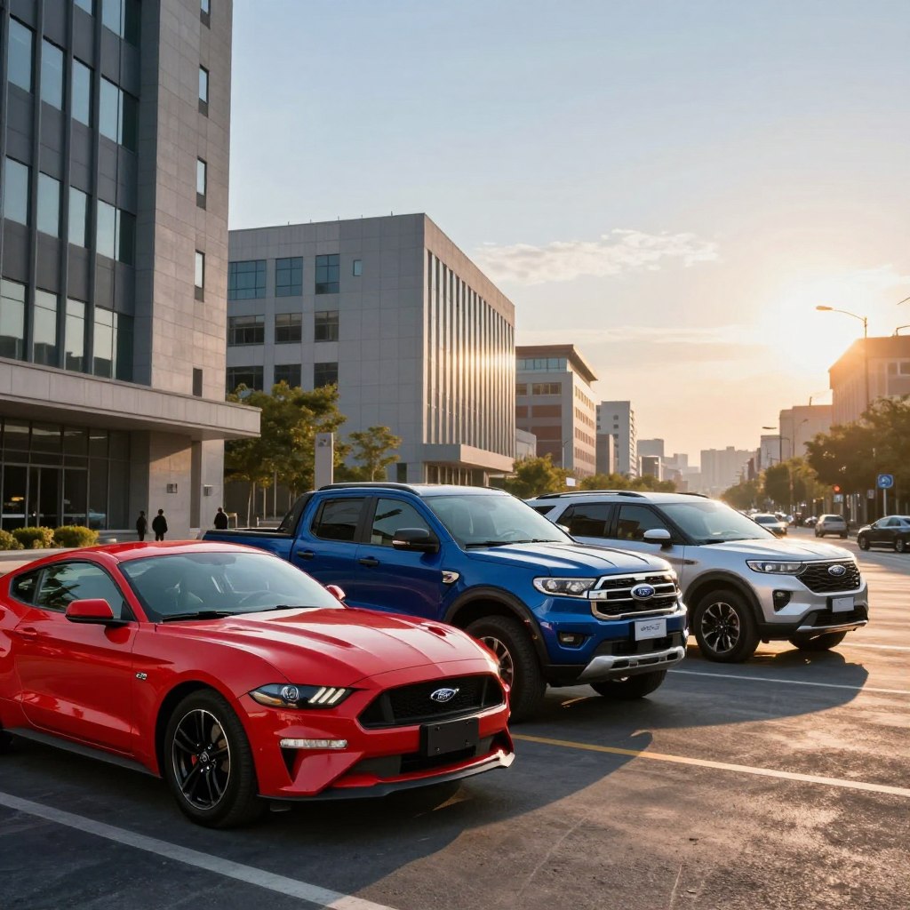 A detailed comparison of various Ford vehicle models displayed in an urban setting. In the foreground, showcase a sleek Ford Mustang in vibrant red, a rugged Ford Ranger in a deep blue, and a sophisticated Ford Explorer in silver, parked side by side. The middle ground features a bustling city street lined with modern buildings, enhancing the contemporary feel. The background showcases a clear sky with the sun setting, casting warm golden light and creating long shadows, adding to the atmosphere. Use a wide-angle lens perspective to emphasize the cars' sleek designs and distinct characteristics. Emphasize a professional and informative mood, reflecting the purpose of evaluating different Ford models.