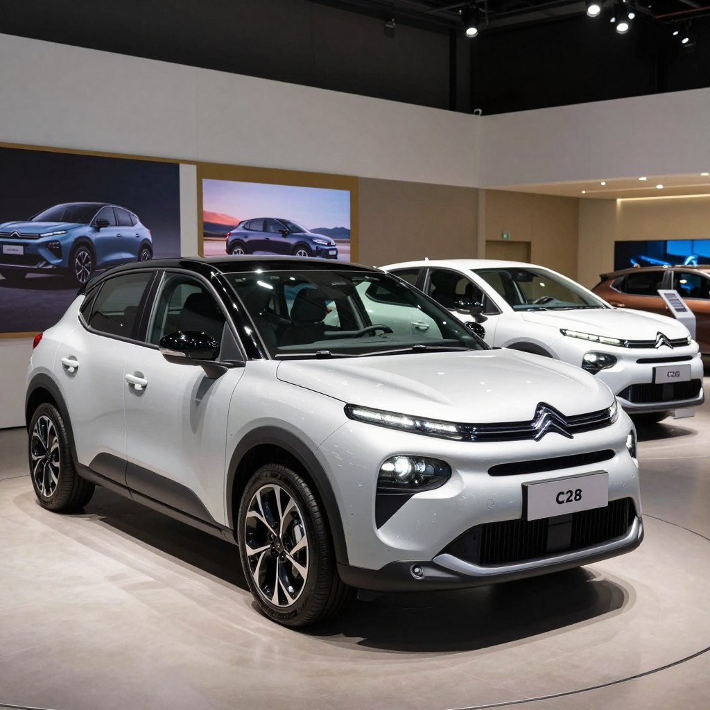 A detailed comparison scene showcasing the Citroën C3 2026 alongside earlier models, set in a modern automotive showroom. In the foreground, the sleek, futuristic design of the 2026 Citroën C3 stands prominently, highlighting its smooth lines and innovative features, such as LED headlights and a dynamic grille. To the side, slightly blurred, are the previous Citroën C3 models, showcasing their evolution in design. The middle ground features a subtle display of automotive graphics or posters, emphasizing progress. The background includes soft, ambient lighting with reflections off polished surfaces to enhance the modern atmosphere. The mood is sophisticated yet accessible, inviting viewers to appreciate the advancements in automotive design. Opt for a perspective that captures the entire scene at a slight angle, adding depth and interest to the composition.