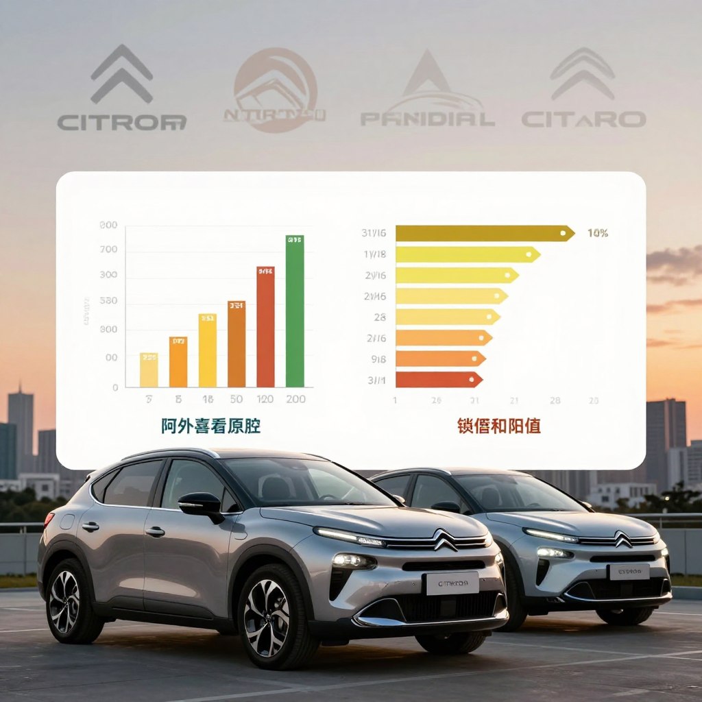 A detailed comparison scene showcasing the ownership costs of Citroën vehicles versus other brands. In the foreground, a sleek Citroën model shines under soft, focused lighting, highlighting its curves and features. In the middle ground, an elegant infographic-style representation appears, featuring bar graphs or pie charts illustrating cost comparisons, with clear sections for maintenance, fuel efficiency, and resale value. In the background, a gradient of automotive logos symbolizing other brands subtly blends in, with an urban landscape bathing in warm evening light, creating a professional and inviting atmosphere. The image should have a clean, modern aesthetic, evoking a sense of reliability and expertise in car ownership. Use a wide-angle lens effect to create depth, ensuring clarity in both the foreground and infographics, while maintaining a polished look without text or watermarks.