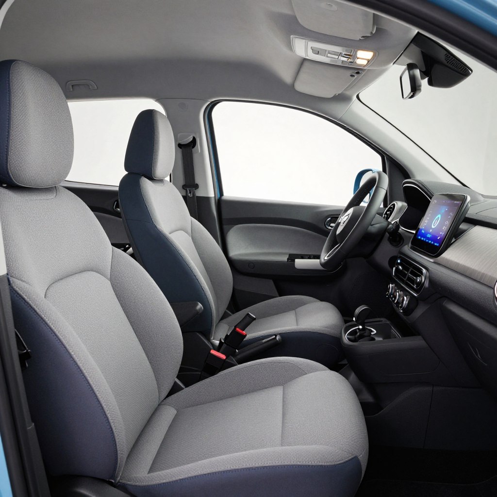 A detailed interior view of a Fiat Panda, showcasing its compact yet ergonomic design. In the foreground, focus on the driver's seat, featuring soft, supportive upholstery in a mix of grays and blues. The dashboard is modern, with user-friendly controls and a vibrant digital display. In the middle, capture the spacious cabin layout, emphasizing legroom and comfortable seating arrangements for passengers. The panoramic windows let in natural light, illuminating the interior while highlighting the textured materials used throughout. In the background, hint at a glimpse of the car's exterior through open doors, enhancing the sense of space. Use soft, diffused lighting to create an inviting atmosphere. The angle should be slightly above eye level, providing a comprehensive view of the elegant interior.