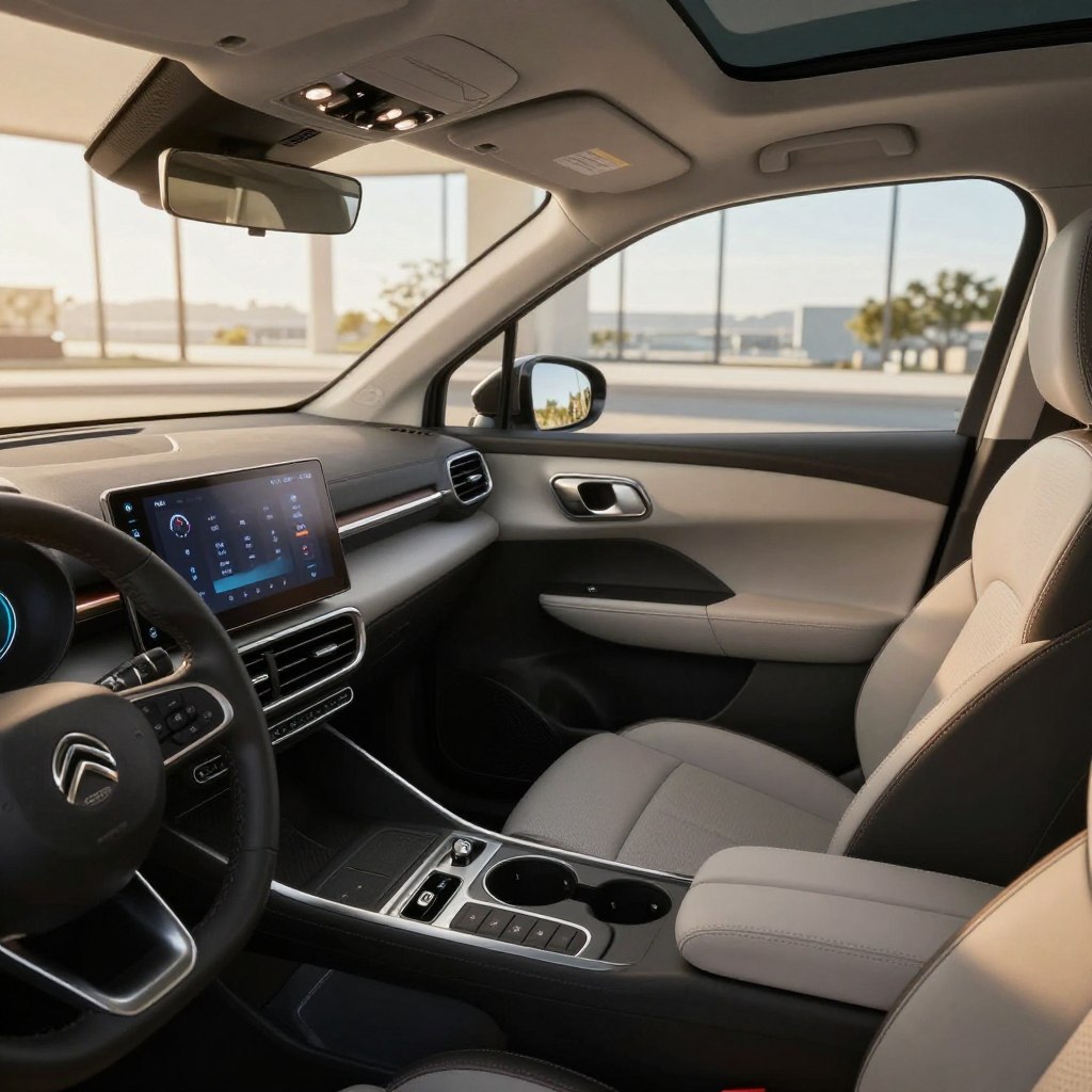 A detailed view of the interior of a Citroën Grand C4 Picasso, showcasing its spacious and versatile design. In the foreground, highlight the ergonomic dashboard featuring modern technology with a sleek touchscreen display and intuitive controls. The middle ground should reveal comfortable seating arranged for family travel, with a focus on the high-quality materials and contemporary design elements, including ambient lighting. The background should showcase large windows that allow natural light to flood the cabin, enhancing the airy feel. Capture the interior from an angle that emphasizes both the driver's perspective and the passenger space. Use soft, warm lighting to create an inviting atmosphere, with a shallow depth of field to focus on the intricate details of the car's interior design.