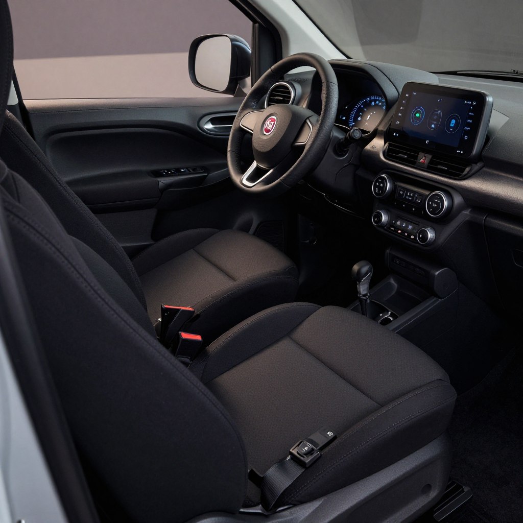 A detailed view of the safety equipment inside a Fiat Panda, showcasing the car's interior features designed for safety and compliance. In the foreground, highlight key elements like front airbags, seatbelt systems, and child safety locks. The middle ground should contain a clear view of the dashboard, displaying modern safety indicators and controls. In the background, include a hint of the car's exterior, emphasizing its compact design. Use soft, ambient lighting to create a professional atmosphere, with a slightly elevated angle to capture the depth of the interior. Aim for a polished and modern look, emphasizing the practicality and innovation in the Fiat Panda's safety features.