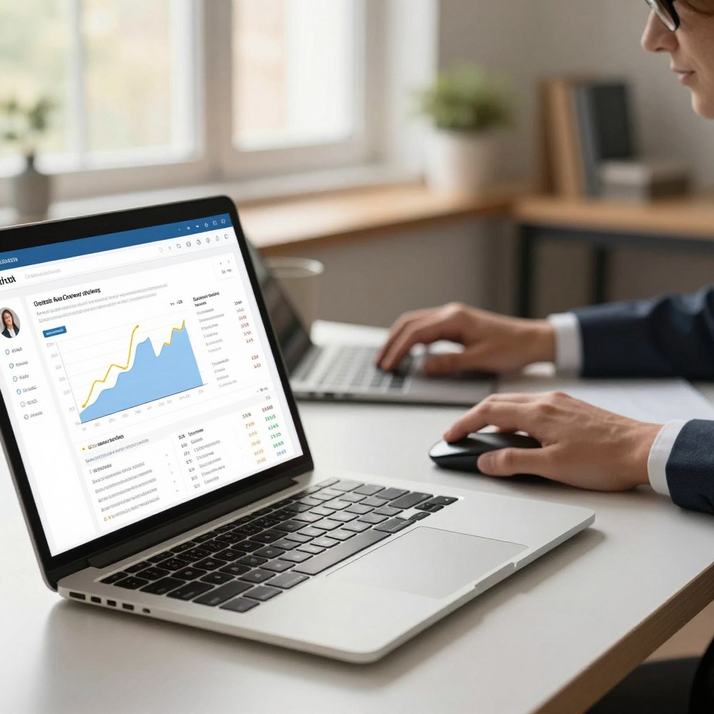 A digital comparison shopping interface displayed on a sleek laptop, placed on a modern desk. The foreground features a close-up of the laptop screen, showcasing vivid graphs, customer reviews, and price comparisons for various products. In the middle, a pair of hands, dressed in professional business attire, navigate the interface with a mouse. The background displays a warm, cozy office space with soft, natural light filtering through a nearby window, creating an inviting atmosphere. The overall mood is informative and engaging, emphasizing the impact of customer reviews on pricing decisions. The scene captures the essence of modern digital shopping without any distractions or text elements.