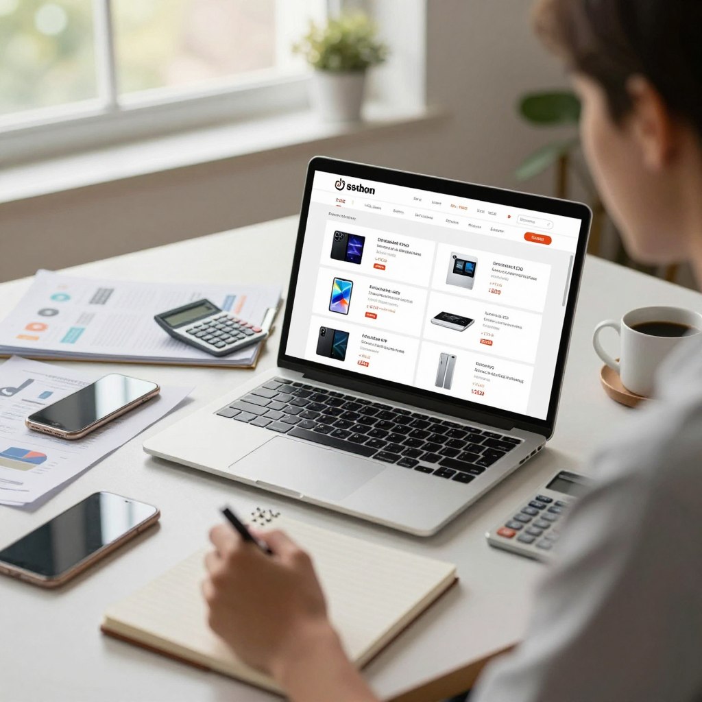 A digital workspace scene showcasing a sleek laptop open to a price comparison website, displaying multiple product listings side by side. In the foreground, a professional individual in smart casual attire analyses the prices with a thoughtful expression, holding a notebook and pen. The middle ground features a desk cluttered with product catalogues, a smartphone, and a calculator, hinting at research and decision-making. In the background, a large window allows soft, natural light to illuminate the space, creating a warm atmosphere. Add subtle decorative items like a plant and a coffee mug for a cozy touch. The overall mood should be focused and productive, emphasizing the theme of smart shopping and informed choices without any text or distractions.