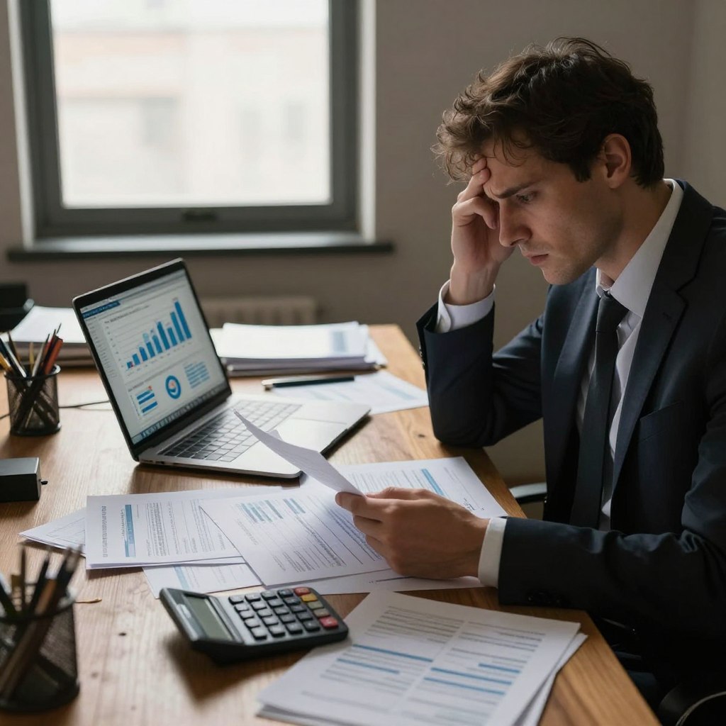 A dimly lit office space, featuring a large wooden desk cluttered with documents and office supplies that symbolize hidden costs, such as bills, invoices, and a calculator. In the foreground, a concerned businessperson in professional attire examines a financial report, looking thoughtful and slightly perplexed. The middle ground includes an open laptop displaying graphs and charts related to expenses, with a narrowed focus on hidden fees. In the background, a large window shines soft, natural light, illuminating the scene and creating a reflective atmosphere. The color palette should be warm yet serious, conveying a sense of urgency and contemplation around financial decisions. The overall mood should evoke curiosity about hidden factors in budgeting.