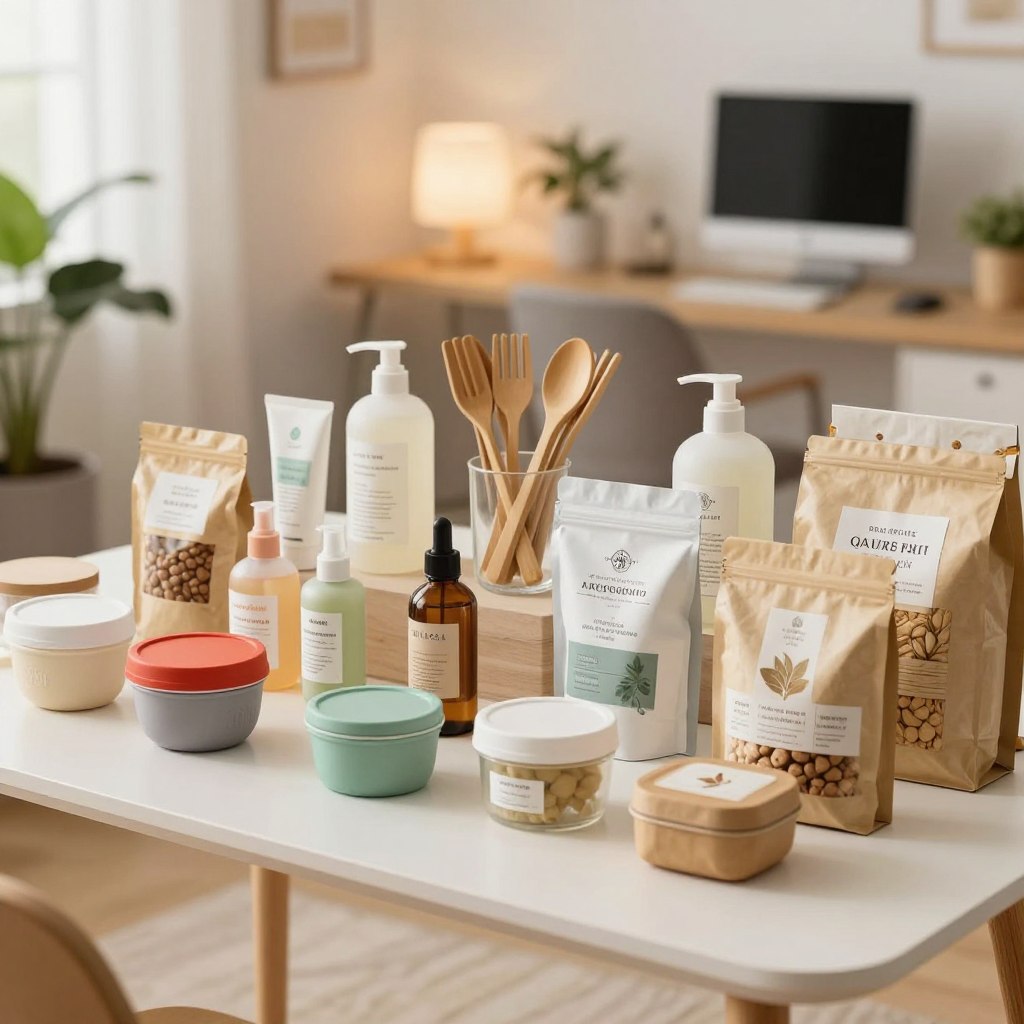 A diverse array of products displayed on an elegant, modern table in a well-lit, organized setting. In the foreground, a selection of colorful, eco-friendly items such as reusable containers, organic skincare products, and artisanal food goods. In the middle, a neatly arranged grouping of household essentials with a focus on sustainability, including bamboo utensils and natural cleaning supplies. The background features a soft-focus view of a minimalist, stylish workspace with plants and soft, ambient lighting that creates a warm and welcoming atmosphere. The angle is slightly elevated, capturing the beauty and variety of the products while ensuring clarity. The mood is inviting and inspiring, encouraging exploration and discovery of the curated collection.