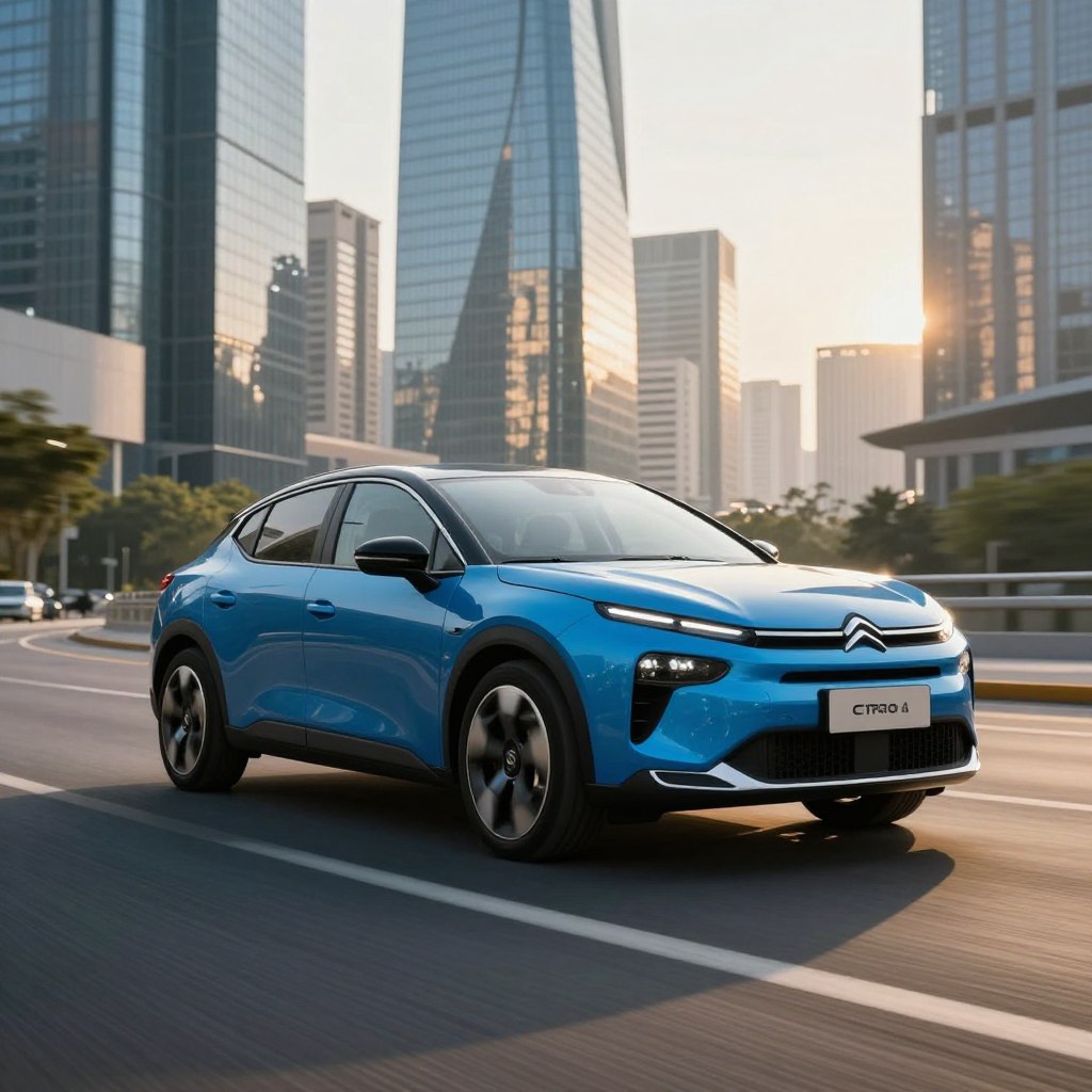 A dynamic and futuristic portrayal of the 2026 Citroën C4, showcasing its sleek aerodynamic design and innovative features. In the foreground, the C4 is parked in a modern urban environment, highlighted in a vibrant blue color with subtle chrome accents. The car is angled slightly to the left, emphasizing its sporty contours and aggressive stance. The middle ground features a bustling cityscape, with glass skyscrapers reflecting the sunlight, while a winding road suggests speed and agility. The background includes a clear sky with soft, warm sunlight casting long shadows. The image captures a sense of excitement and performance, inviting viewers to imagine the thrilling experience of driving the C4 2026.