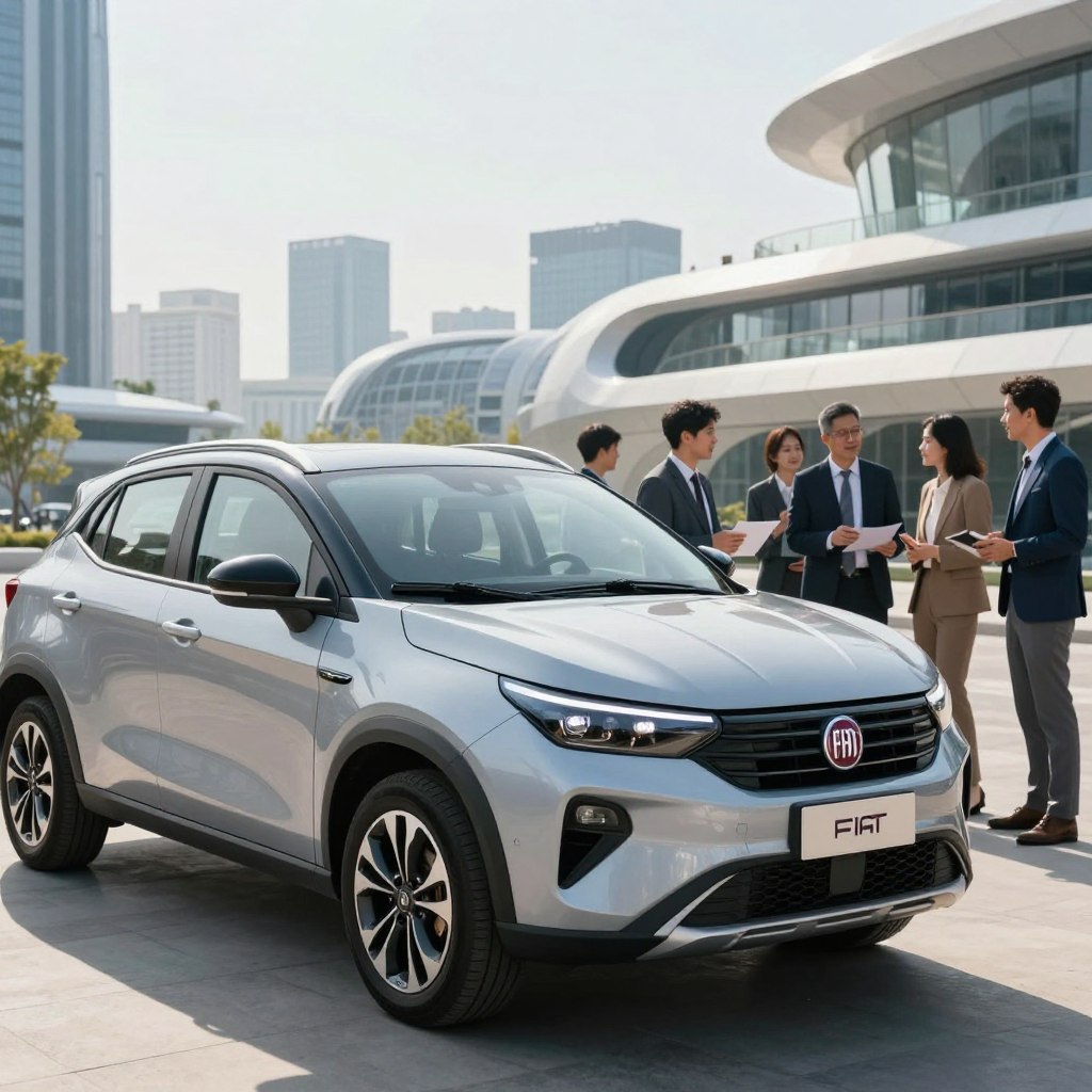 A dynamic and modern Fiat vehicle in the foreground, showcasing sleek lines and innovative features, such as electric charging ports and advanced tech displays. The middle ground includes a diverse group of people dressed in professional business attire, engaging in discussions about automotive innovations. In the background, an urban landscape highlights futuristic architecture, symbolizing progress and innovation. Bright, natural lighting illuminates the scene, casting soft shadows and enhancing the vehicle’s glossy surface. The angle is slightly low, emphasizing the stature of the Fiat while maintaining a sense of enthusiasm and forward-thinking. The overall mood is one of optimism and creativity, celebrating technological advancement within the automotive industry.