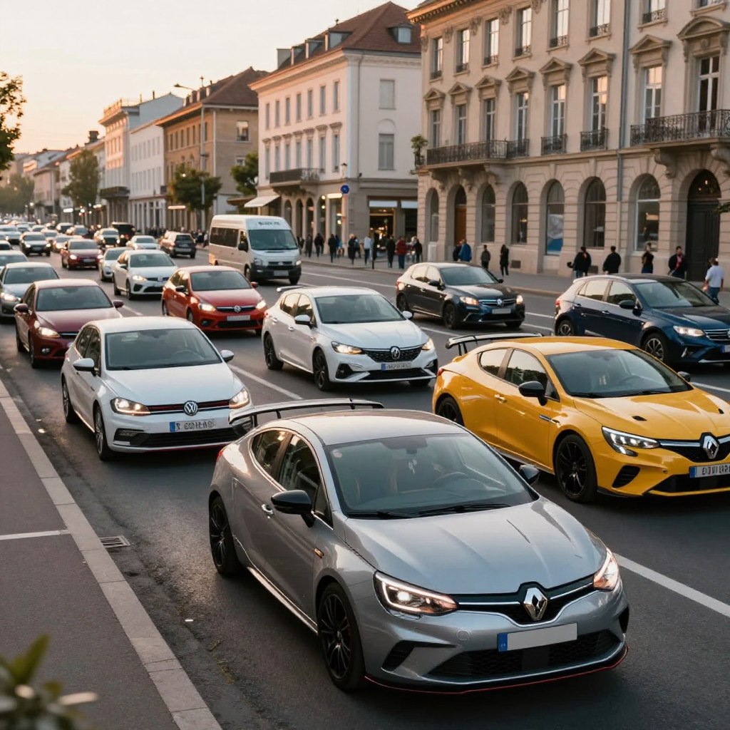 A dynamic and vibrant European cityscape featuring a lineup of competitive automobiles from various manufacturers, prominently displaying models from Fiat alongside other brands like Volkswagen, Peugeot, and Renault. In the foreground, showcase an elegant, modern Fiat car, sleek and stylish, parked next to a sporty competitor from another brand. The middle ground reveals bustling streets featuring diverse vehicles, while the background includes iconic European architecture bathed in soft, warm evening light. Use a wide-angle perspective to emphasize the variety of cars. The mood should convey a sense of competition and innovation, with bright reflections on the car surfaces and an energetic atmosphere, highlighting the automotive market in Europe.