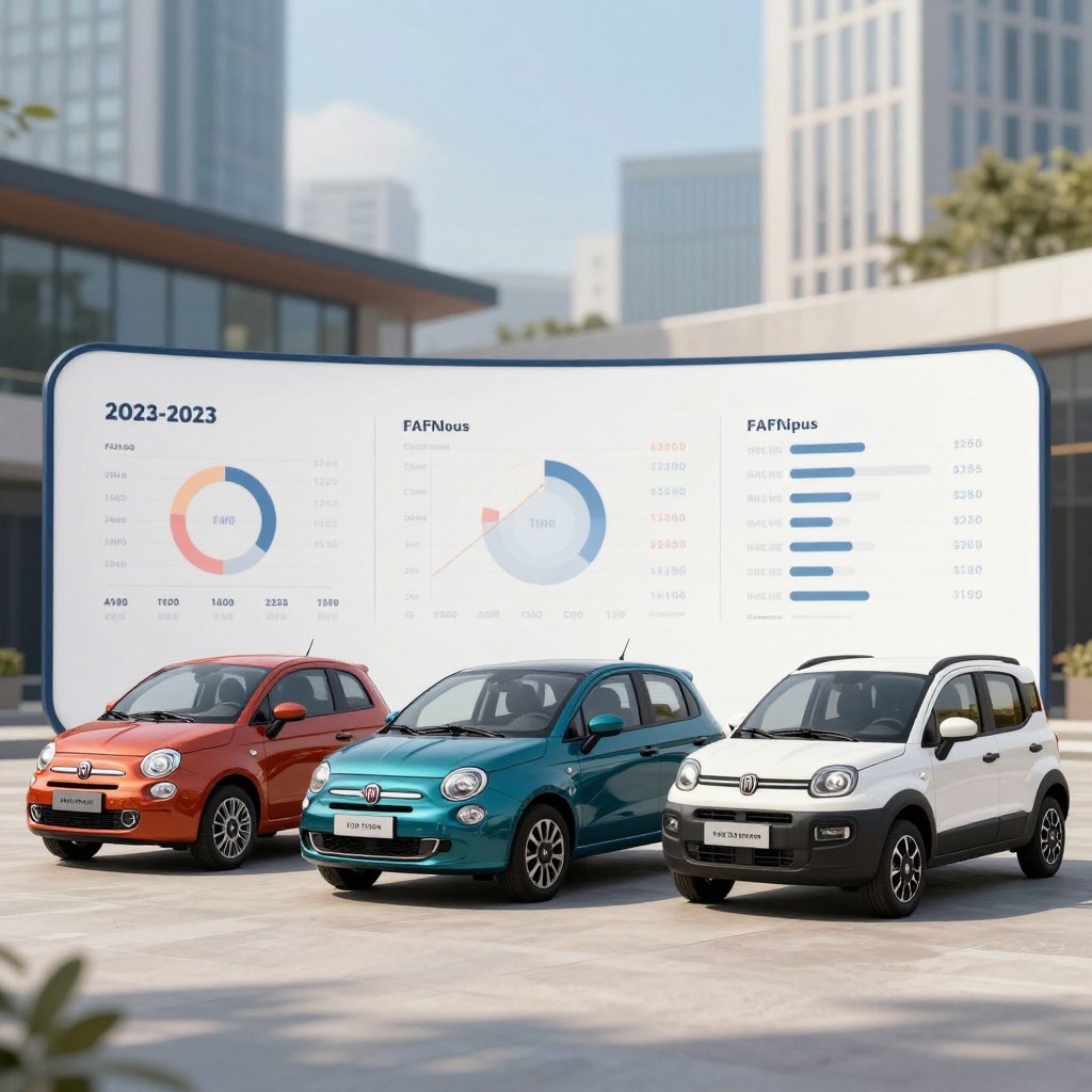 A dynamic and visually striking comparison of the latest Fiat car models for 2023. In the foreground, showcase three distinct Fiat models, such as the Fiat 500, Fiat Tipo, and Fiat Panda, parked side by side under vibrant, diffused sunlight. Each car should be captured at an angle that highlights its unique design features and color variants. The middle ground features a well-organized display with data charts and icons signifying performance and features, subtly integrated into the scene to create a sleek layout. In the background, a modern cityscape blurs, suggesting progress and innovation. The mood is professional and energetic, evoking excitement about the latest offerings from Fiat. The overall composition should be clean and polished, ensuring a prominent focus on the cars without any text or distractions.