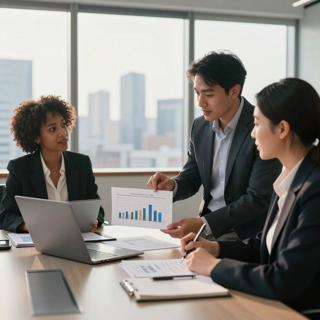 A dynamic business meeting scene in a modern office setting, showcasing diverse professionals in business attire discussing the concept of competitive pricing. In the foreground, a diverse group of three individuals (one Black woman, one Hispanic man, and one Asian woman) are engaged in a lively conversation, analyzing charts and graphs depicting price versus perceived value on a laptop. The middle ground features a sleek conference table with financial documents and a stylish notebook, while in the background, large windows reveal a city skyline bathed in soft morning light, creating an optimistic atmosphere. Use natural lighting paired with a slight depth of field, focusing on the professionals, to convey an engaging and professional mood.