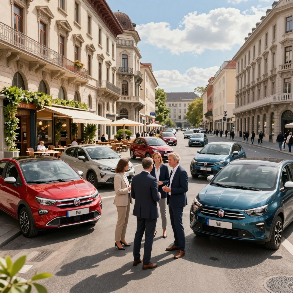 A dynamic cityscape of a bustling European street featuring a display of modern Fiat cars in various colors, showcasing the latest models. In the foreground, a diverse group of professional individuals, dressed in smart business attire, discusses and admires the vehicles, conveying a sense of engagement and interest in the brand. The middle ground includes vibrant storefronts and cafes adorned with greenery, creating an inviting atmosphere. The background features iconic European architecture, such as elegant buildings and historical landmarks, beneath a bright blue sky with fluffy clouds. Soft sunlight illuminates the scene, casting gentle shadows, enhancing the mood of optimism and innovation, suggesting a positive future for Fiat.