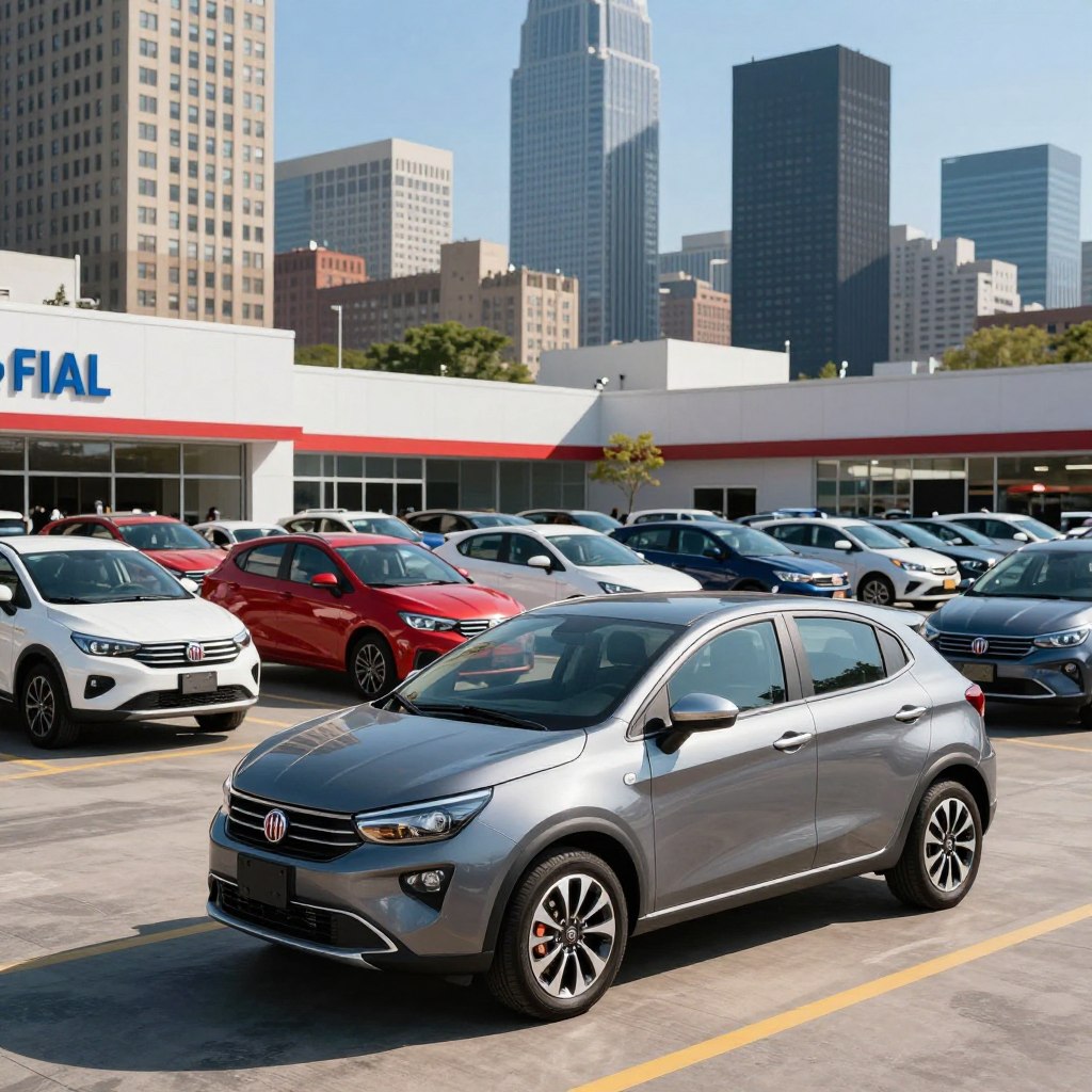 A dynamic scene capturing the competitive landscape of the American automotive market. In the foreground, a sleek, modern Fiat vehicle, showcasing innovative design and elegance, parked against a backdrop of bustling city life. The middle ground features a vibrant car dealership lot with a variety of cars, representing different manufacturers, all under a clear blue sky. The background includes tall skyline buildings, infused with sunlight, creating a sense of energy and potential. The mood is intense yet optimistic, highlighting the challenges Fiat might face while re-entering the market. Use bright, natural lighting to emphasize the cars’ features, and a wide-angle perspective to capture the full scope of the automotive landscape.