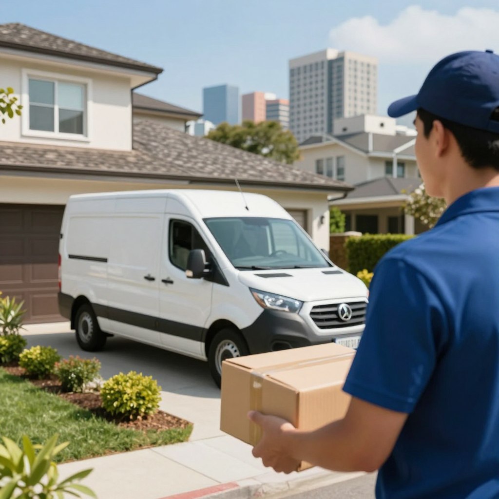 A dynamic scene depicting online product delivery, featuring a professional courier in smart casual attire, holding a package in the foreground. In the middle, a modern delivery van parked by a stylish home with a neatly manicured garden, showcasing convenience and reliability. The background includes a vibrant cityscape with clear blue skies, symbolizing connectivity and swift service. Soft natural lighting highlights the elements, creating a warm and inviting atmosphere. The angle captures the perspective of a customer receiving their order, evoking a sense of satisfaction and ease. The overall mood is cheerful and energetic, reflecting the excitement of receiving curated products delivered right to the doorstep.