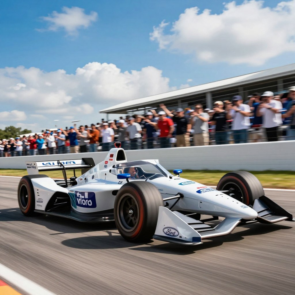 A dynamic scene showcasing a Ford race car in action on a professional racetrack, emphasizing its performance and competitive spirit. The foreground features the sleek, aerodynamic lines of the Ford vehicle, capturing the intensity of the race with motion blur to suggest high speed. In the middle ground, a cheering crowd is visible, dressed in casual attire, as they watch the thrilling competition. The background reveals a vivid blue sky with scattered clouds, enhancing the atmosphere of excitement. The lighting is bright and vibrant, simulating mid-afternoon sunlight, giving the scene an energetic and engaging feel. Shot from an angle that highlights both the vehicle's power and the excitement of the event, creating a sense of high-stakes racing action.