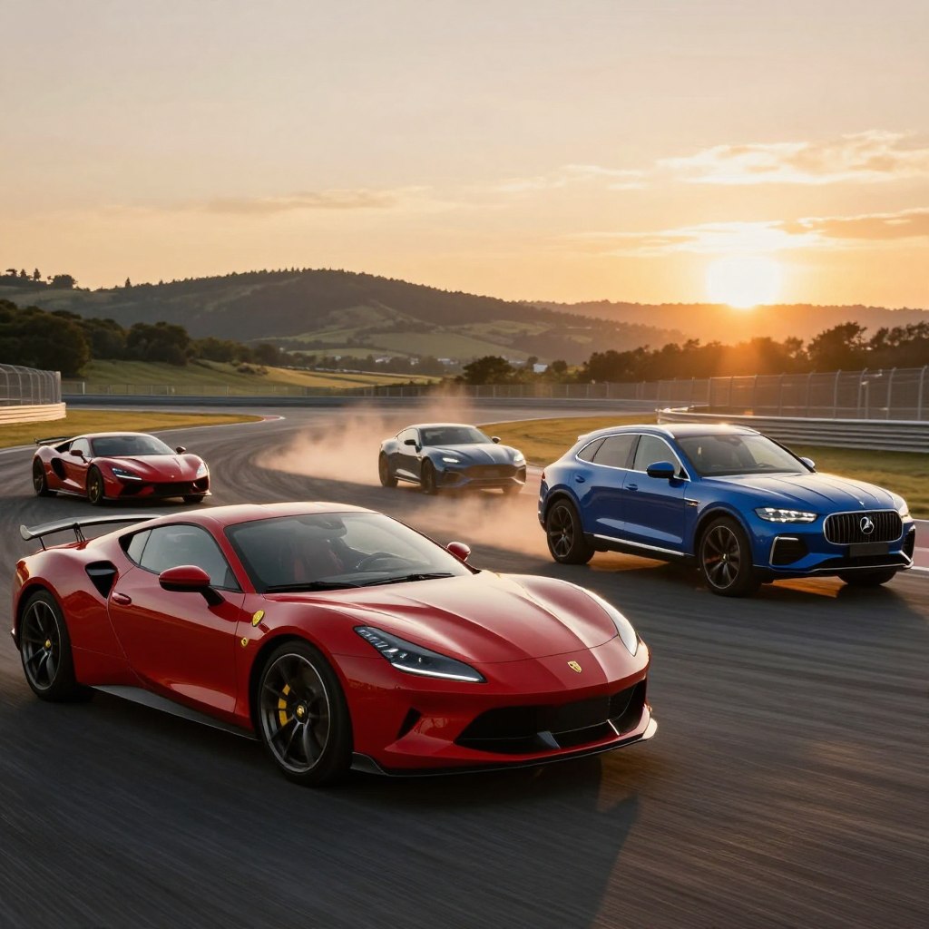 A dynamic scene showcasing luxury cars in a high-performance setting. In the foreground, several sleek, modern luxury cars, like a vivid red sports coupe and a deep blue SUV, display their intricate details, including polished chrome accents and aerodynamic designs. The middle ground features a racetrack, where one car accelerates, kicking up dust and emphasizing speed. The background reveals a picturesque landscape with rolling hills and a vibrant sunset, casting warm golden light over the scene. The atmosphere is exhilarating and sophisticated, highlighting the thrill of luxury automotive performance. Use a low-angle shot to accentuate the cars' power and prestige, while maintaining a shallow depth of field for a professional, polished look.