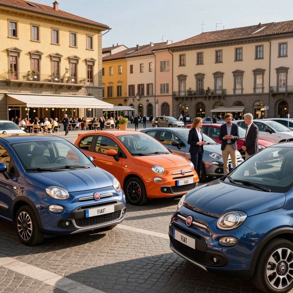 A dynamic scene showcasing popular Fiat models in Europe, featuring a lineup of the Fiat Panda, Fiat 500, and Fiat Tipo prominently parked in a vibrant city square. In the foreground, the polished cars glisten under a warm afternoon sun, capturing their sleek designs and distinctive colors. In the middle ground, a diverse group of professionally dressed individuals, including a woman in a smart suit and a man in business casual attire, admire the vehicles, discussing their features. The background features iconic European architecture, with charming cafes and cobblestone streets. Soft shadows emphasize the cars' lines, and a clear blue sky enhances the overall joyful atmosphere, reflecting the enthusiasm for Fiat’s offerings in the European auto market.