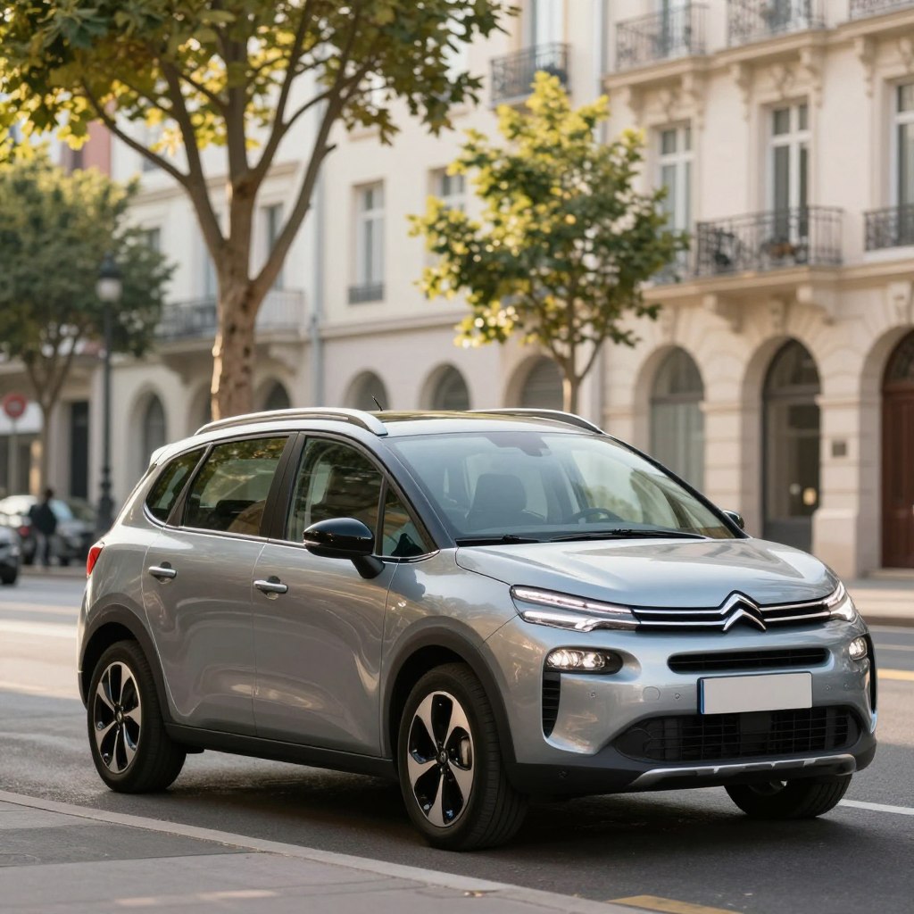 A dynamic shot of a Citroën Grand C4 Picasso, showcasing its sleek lines and modern design, parked on a picturesque city street. The image captures the vehicle in the foreground, highlighting its spacious interior through wide windows, with a focus on comfort and safety features like advanced lighting and sturdy build. In the middle ground, delicate trees and stylish urban architecture provide a backdrop that complements the car's elegance, bathed in soft afternoon sunlight. The atmosphere conveys a sense of versatility and family-friendly appeal, making it ideal for city adventures. The angle is slightly low to emphasize the car's stature while maintaining a clear view of its features, with a bokeh effect in the background to draw attention to the vehicle. The entire scene is bright and inviting, suggesting a positive user experience.