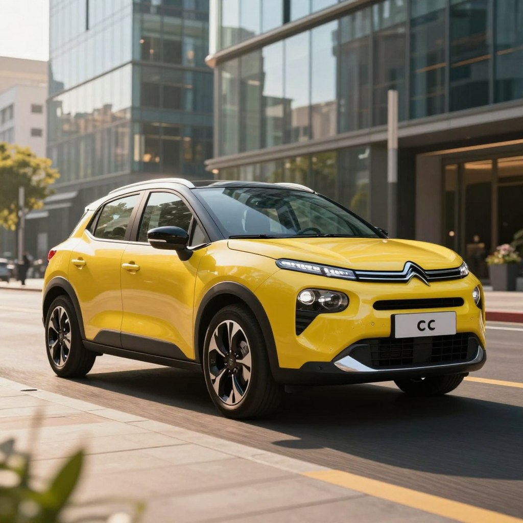 A dynamic view of the 2026 Citroën C3, showcasing its sleek design and modern features. The car is parked on a stylish city street, with the urban architecture of glass buildings in the background, reflecting afternoon sunlight. Capture the vibrant body color of the Citroën C3, emphasizing its angular headlights and signature grille. In the foreground, include subtle elements like the shiny alloy wheels and distinctive taillights, adding depth to the composition. The scene should have a bright and inviting atmosphere, with warm natural lighting that highlights the car's contours and textures. Use a slightly tilted angle to create a more dynamic perspective, evoking excitement and curiosity about the upcoming model's pricing and available versions.