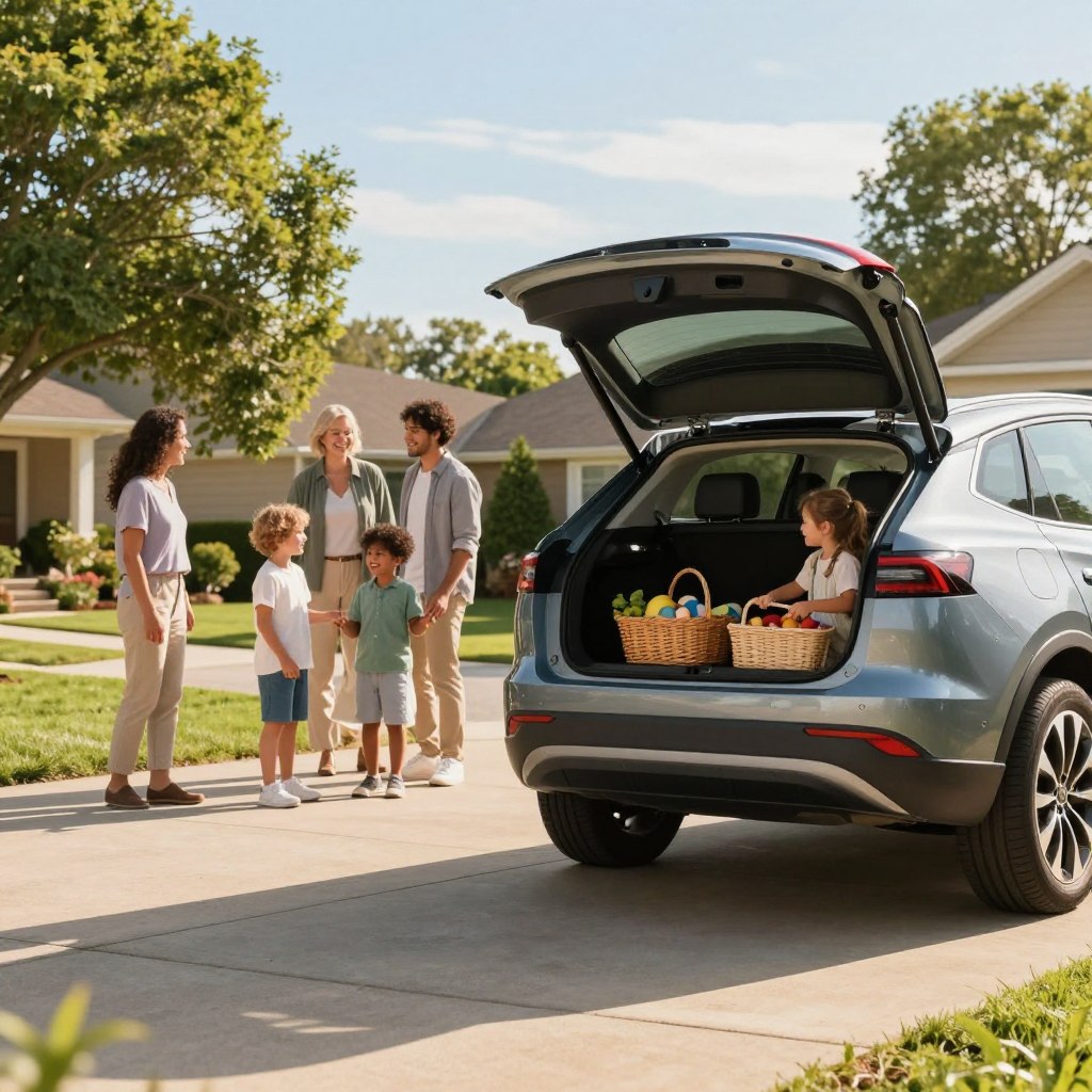 A family-friendly car parked in a cozy suburban driveway, showcasing its spacious interior and modern design. In the foreground, a well-lit, sunny scene highlights the vehicle’s exterior, emphasizing safety features such as robust side airbags and rearview sensors. In the middle ground, a diverse family, dressed in casual yet professional attire, is loading picnic supplies into the car, smiling and enjoying each other's company. The background features a peaceful neighborhood with green trees and well-kept lawns, under a clear blue sky. Soft, warm lighting creates an inviting atmosphere, making the viewer feel a sense of comfort and security, perfect for family trips. Use a slight low-angle perspective to convey stability and reliability.