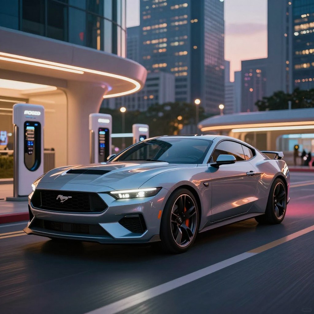 A futuristic 2026 Ford Mustang design showcased in a dynamic urban environment. In the foreground, the sleek, sculpted body of the Mustang gleams under the soft glow of neon city lights, emphasizing its aerodynamic lines and aggressive stance. The middle ground features the Mustang parked on a futuristic street with glimpses of advanced architecture and electric charging stations. The background showcases a vibrant cityscape at dusk, with a blend of warm and cool tones illuminating the scene. The mood is energetic and modern, capturing the essence of innovation in muscle car design. Use a wide-angle lens to accentuate the car's imposing presence and ensure that the lighting highlights the sleek metallic paint and intricate details of the vehicle. The atmosphere should reflect excitement and anticipation for the next generation of performance vehicles.