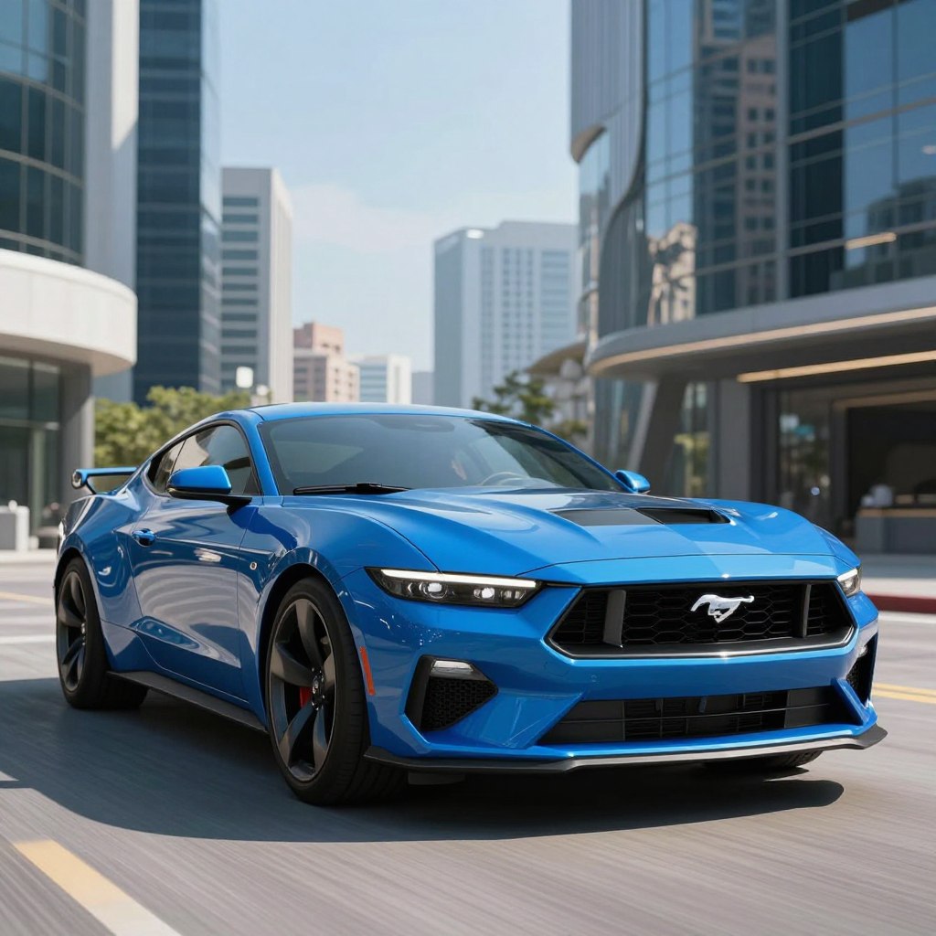 A futuristic 2026 Ford Mustang is showcased in the foreground, featuring a sleek, aerodynamic shape with sharp lines and an aggressive front grill that highlights its muscular stance. The body is adorned with innovative LED accents and a vibrant metallic blue finish that glimmers under natural daylight. In the middle ground, the scene includes a dynamic urban setting, with high-tech buildings reflecting in the car's glossy surface. The background captures a clear blue sky, hinting at a future where performance meets eco-friendliness. The lighting is bright and energetic, enhancing the car's modern design. The mood is bold and exciting, embodying the spirit of innovation while maintaining the essence of a classic American muscle car.