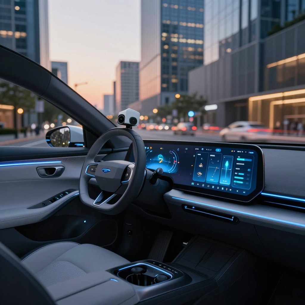 A futuristic 2026 Ford Nouvelle parked on a sleek urban street, showcasing its advanced safety features. In the foreground, a close-up view highlights the car's innovative sensor technology, with cameras and radar embedded in the sleek design. In the middle ground, an intelligent dashboard displays a virtual interface with safety alerts and navigation details, illuminated with soft blue ambient lighting. The background features a modern cityscape at dusk, with skyscrapers reflecting warm evening lights. The mood is professional and sophisticated, emphasizing technological advancement and security. Capture this scene from a low-angle perspective to accentuate the car's commanding presence. Use a soft focus to enhance the atmosphere and ensure a clean, polished look without any text or overlays.