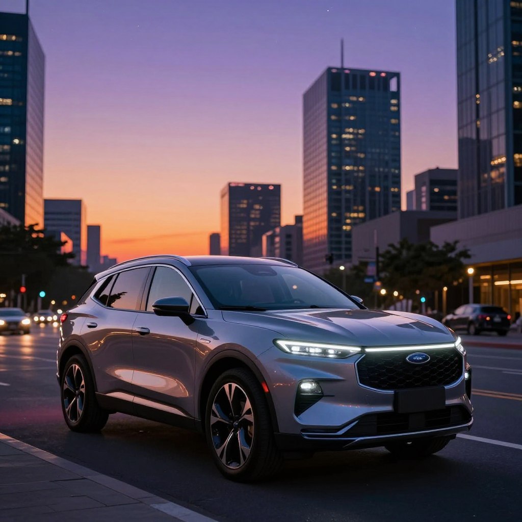 A futuristic 2026 Ford SUV parked majestically in an urban landscape at sunset. The vehicle should feature sleek lines, a glossy metallic finish, and advanced LED headlights that illuminate the surroundings. In the foreground, display the SUV prominently, showcasing its bold front grille and aerodynamic design. In the middle ground, include a bustling city street with silhouettes of modern skyscrapers reflecting warm hues of orange and purple from the sunset. In the background, a clear sky transitions from day to night, sprinkled with a few stars. The atmosphere should convey innovation and excitement, with soft, diffused lighting highlighting the vehicle's contours and creating an inviting ambiance. Capture the scene using a wide-angle lens to emphasize the SUV's grandeur and the dynamic urban setting surrounding it.