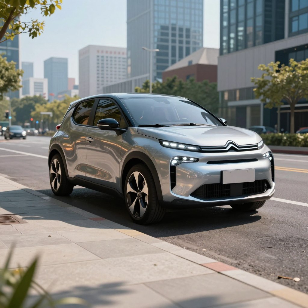 A futuristic Citroën C2 2026 electric vehicle design, featuring a sleek aerodynamic body with bold, angular lines and a striking front grille illuminated by LED headlights. The vehicle is parked on a modern urban street, showcasing its dynamic stance and distinctive alloy wheels. In the foreground, a well-maintained sidewalk with minimal greenery adds depth. The middle ground captures the car, reflecting sunlight that enhances its glossy finish, while the background includes a vibrant city skyline with contemporary architecture under a clear blue sky. The mood is energetic and innovative, highlighting the evolution of electric vehicles. The composition is shot from a low angle to emphasize the car's powerful design, with soft, natural lighting to create an inviting atmosphere.