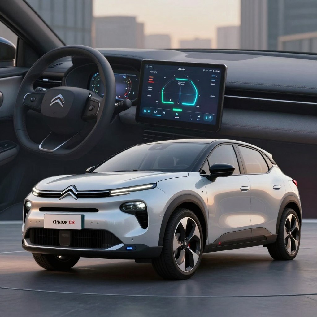 A futuristic Citroën C3 2026, showcasing its advanced safety features, prominently displayed in the foreground. The sleek body design incorporates aerodynamic curves, with a focus on reinforced materials and integrated sensors. In the middle ground, a high-tech dashboard is visible through the windshield, highlighting innovative safety technology like adaptive cruise control and collision avoidance systems. The background features an urban setting with soft yet focused lighting, emphasizing a modern, tech-savvy environment. The image captures an optimistic, forward-looking mood, symbolizing progress in automotive safety. Shot with a low angle to create a dynamic perspective, enhancing the vehicle's imposing stance.