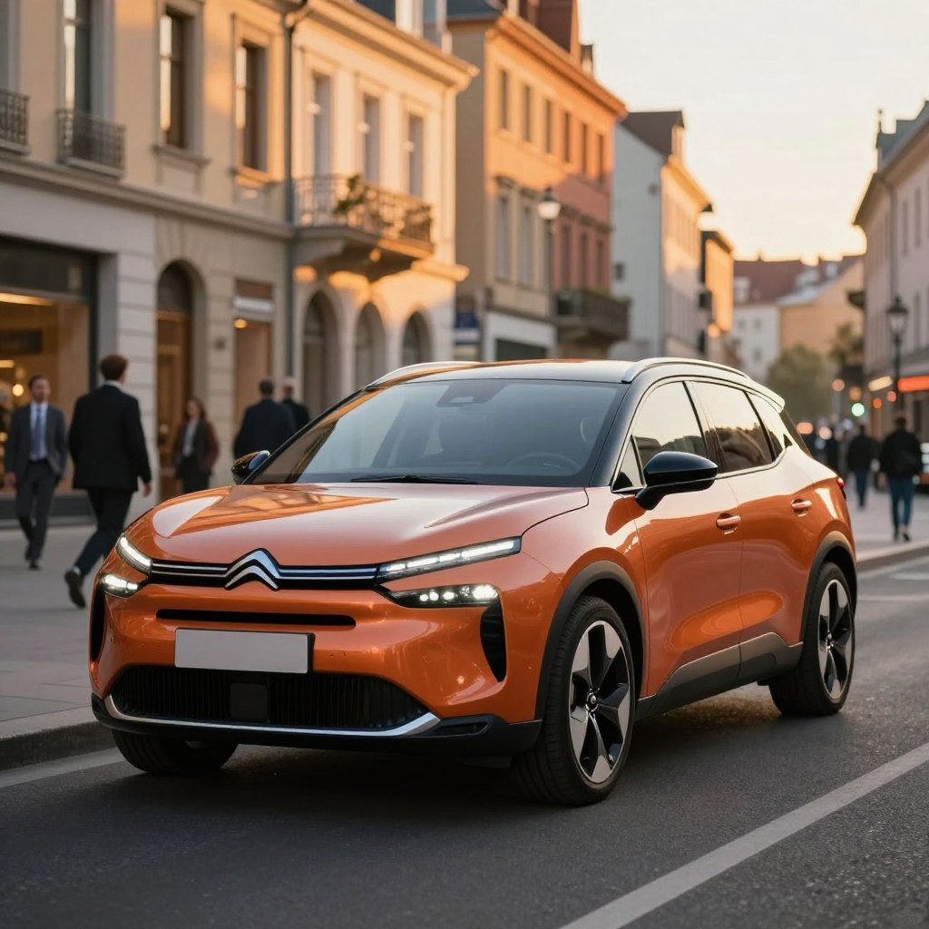 A futuristic Citroën C4 Picasso 2026, parked elegantly on a scenic urban street during golden hour. The car showcases its sleek, aerodynamic design with sharp lines and a glossy, modern finish. The foreground features the car in focus, highlighting its distinctive LED headlights and unique grille. In the middle ground, stylish city buildings cast a warm glow, complementing the vibrant color of the car. The background captures soft, blurred silhouettes of pedestrians in professional attire, symbolizing a bustling yet sophisticated environment. The lighting is warm and inviting, emphasizing the car's elegance. The mood conveys excitement and modernity, perfect for showcasing a new and innovative vehicle.