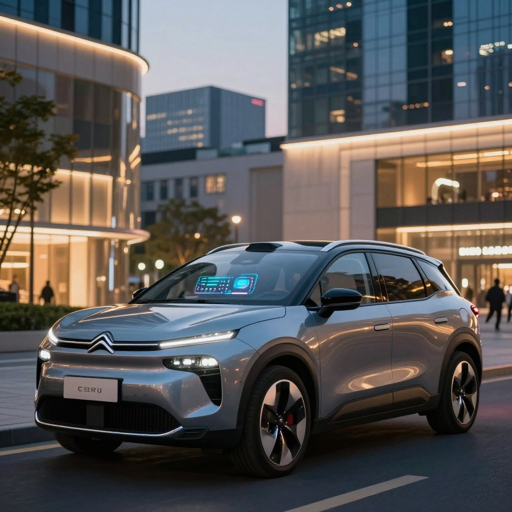 A futuristic Citroën C4 Picasso 2026, showcasing its cutting-edge technological innovations, elegantly parked in an urban setting. In the foreground, highlight sleek lines of the car's exterior, with metallic accents and aerodynamic features that suggest speed and efficiency. The middle ground should feature a minimalist, high-tech dashboard visible through the windshield, showcasing a large digital display with an intuitive interface. The background consists of a vibrant cityscape at dusk, with modern buildings illuminated by soft LED lights, reflecting a dynamic urban lifestyle. Utilize warm, ambient lighting to create a welcoming atmosphere, and capture the scene from a low-angle perspective to emphasize the vehicle's impressive stature. Focus on clarity and detail, ensuring no extra elements invade the primary focus of the image.