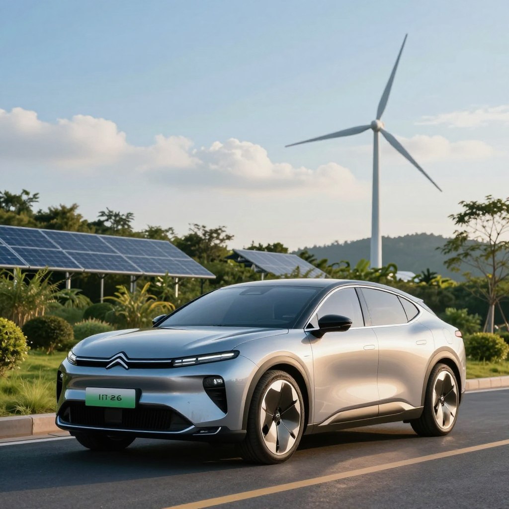 A futuristic Citroën electric vehicle from 2026, prominently featured in the foreground, showcasing sleek lines and eco-friendly design elements. The car should have a luminous, metallic finish reflecting sunlight, emphasizing its modern aesthetics. In the middle ground, a lush urban landscape with greenery, integrating solar panels and wind turbines, symbolizes sustainability. The background features a clear blue sky with light clouds, enhancing the serene atmosphere of eco-conscious living. The composition is shot from a low angle, creating a sense of grandeur. Soft, natural lighting casts gentle shadows, evoking a hopeful and innovative mood, highlighting the marriage of advanced technology and ecological responsibility. No human subjects are present in the image.