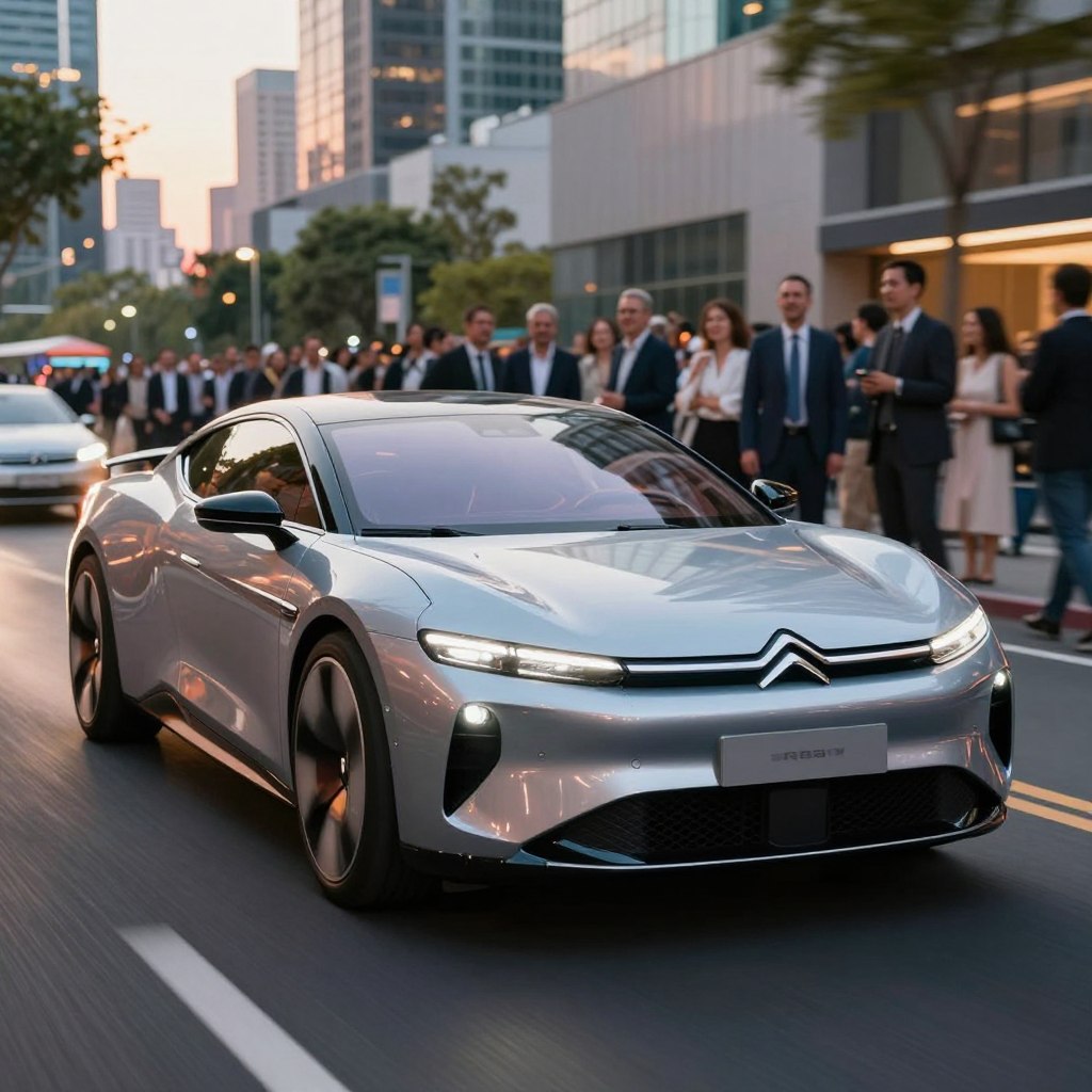 A futuristic Citroën electric vehicle showcasing its performance abilities on a dynamic city street in 2026. In the foreground, the sleek, aerodynamically designed car gleams under bright city lights, reflecting a modern urban landscape. The middle ground features a bustling backdrop with pedestrians in professional attire admiring the vehicle, conveying a sense of excitement and innovation. The background highlights a skyline of contemporary buildings and greenery, hinting at eco-friendly initiatives. The image is captured from a low angle to emphasize the vehicle's impressive stature, with vibrant colors and warm, inviting lighting to evoke a sense of optimism about the future of electric transportation.