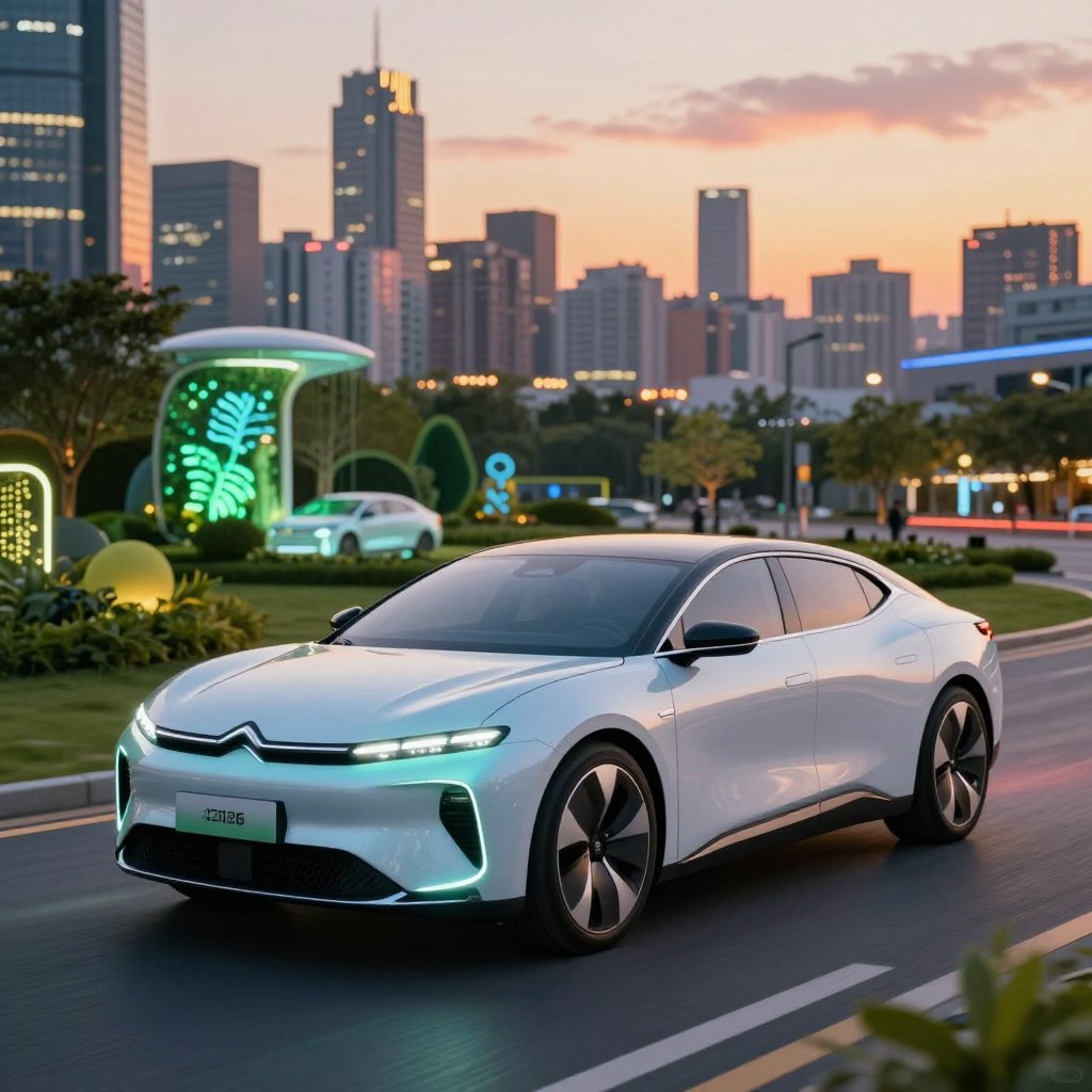 A futuristic Citroën vehicle showcasing advanced technological innovations for 2026, prominently displayed in the foreground with sleek aerodynamic lines and a luminescent exterior. The car is surrounded by a vibrant urban landscape, with green spaces and smart city features in the middle ground, depicting eco-friendly living. In the background, a modern skyline is illuminated by sunset colors, enhancing the atmosphere of innovation and progress. Soft, dramatic lighting highlights the vehicle’s contours, while a shallow depth of field emphasizes the car, creating a sense of focus and relevance. The overall mood is optimistic and forward-thinking, inviting viewers to envision the future of mobility with Citroën.